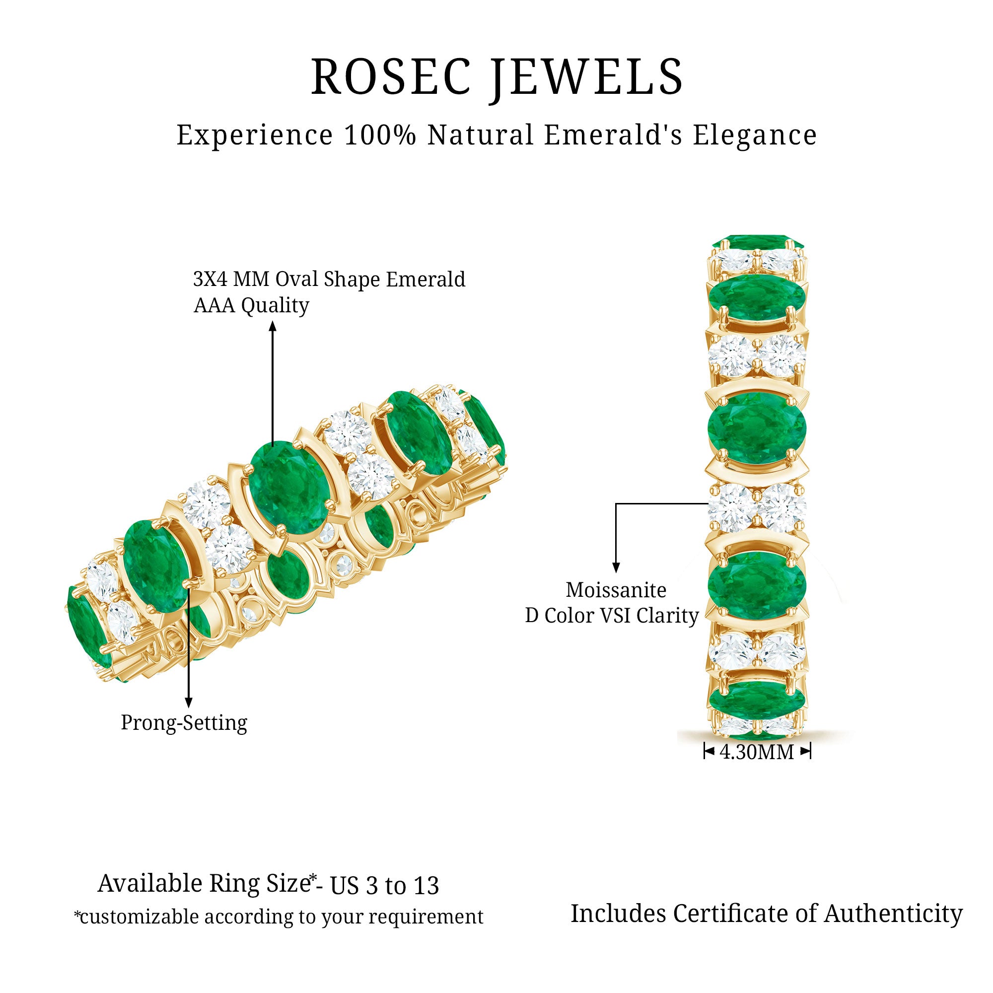 Rosec Jewels-Oval Emerald and Moissanite Eternity Wedding Band