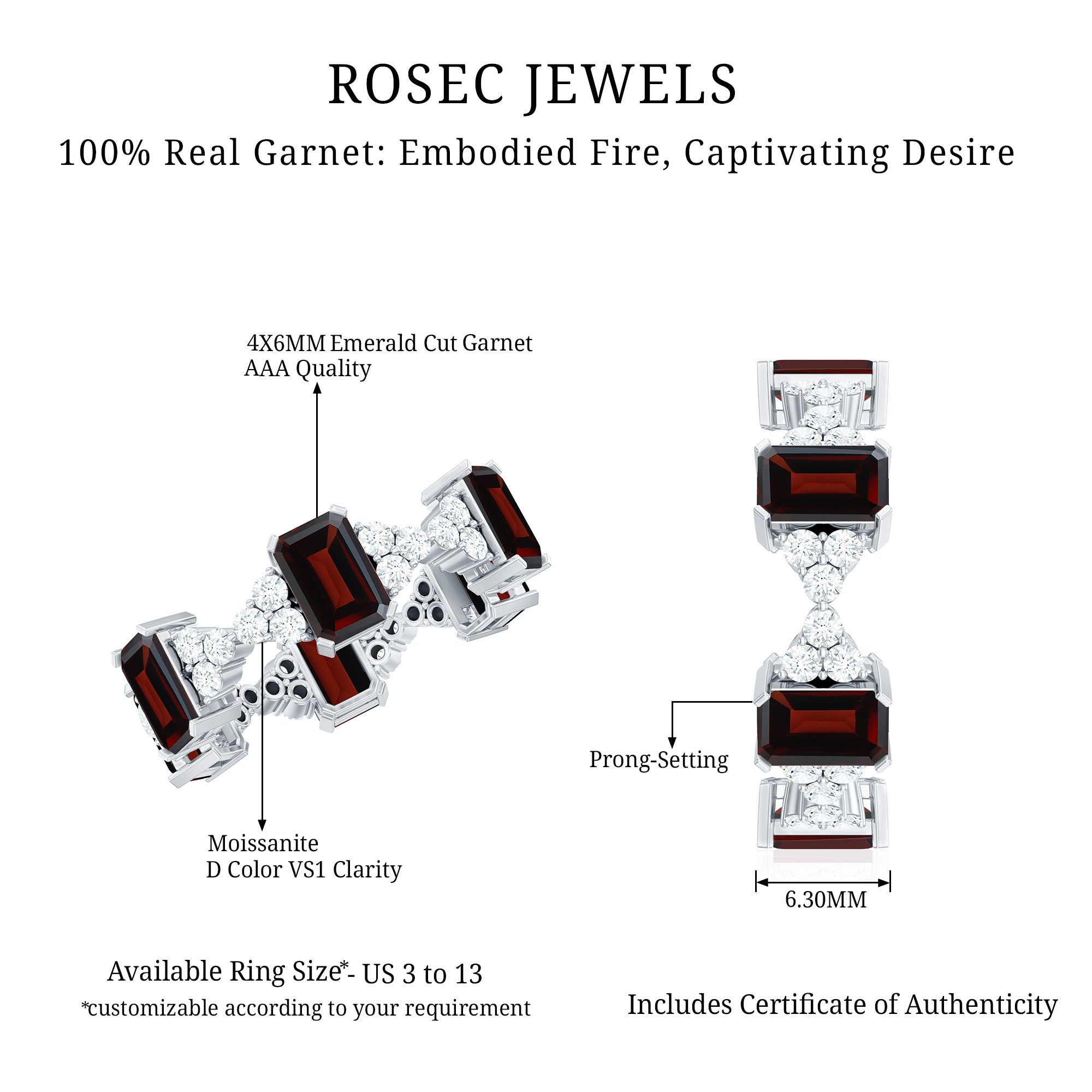 Art Deco Emerald Cut Garnet Eternity Band Ring with Moissanite AAA - Rosec Jewels