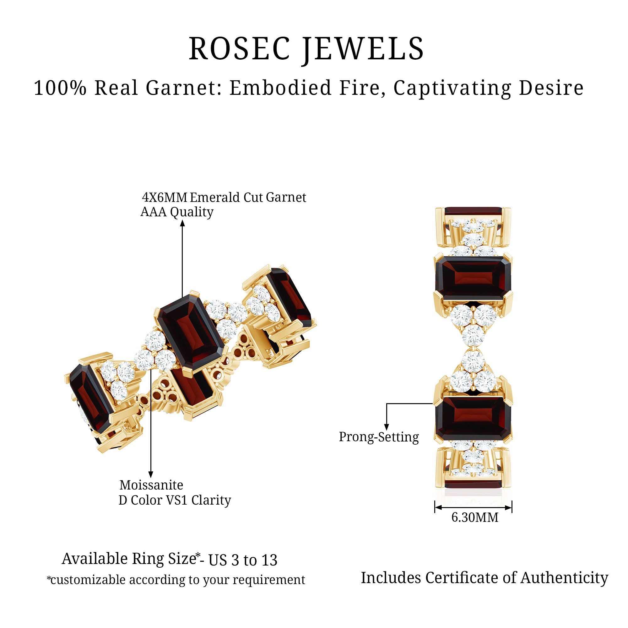 Art Deco Emerald Cut Garnet Eternity Band Ring with Moissanite AAA - Rosec Jewels