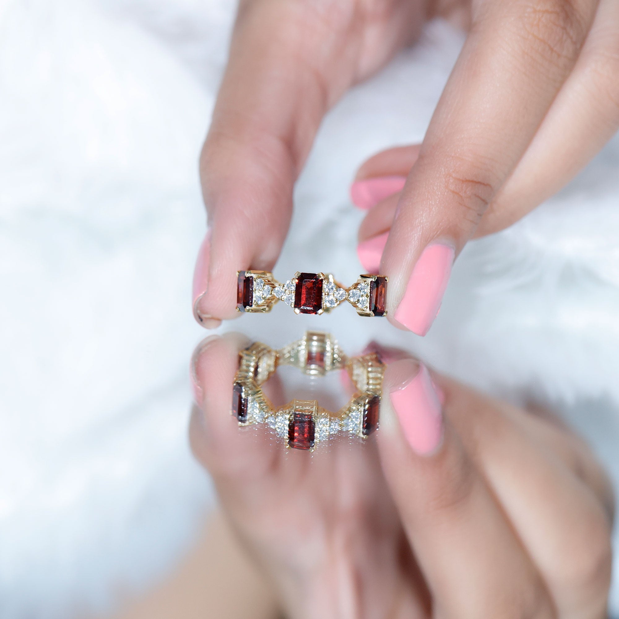 Art Deco Emerald Cut Garnet Eternity Band Ring with Moissanite AAA - Rosec Jewels