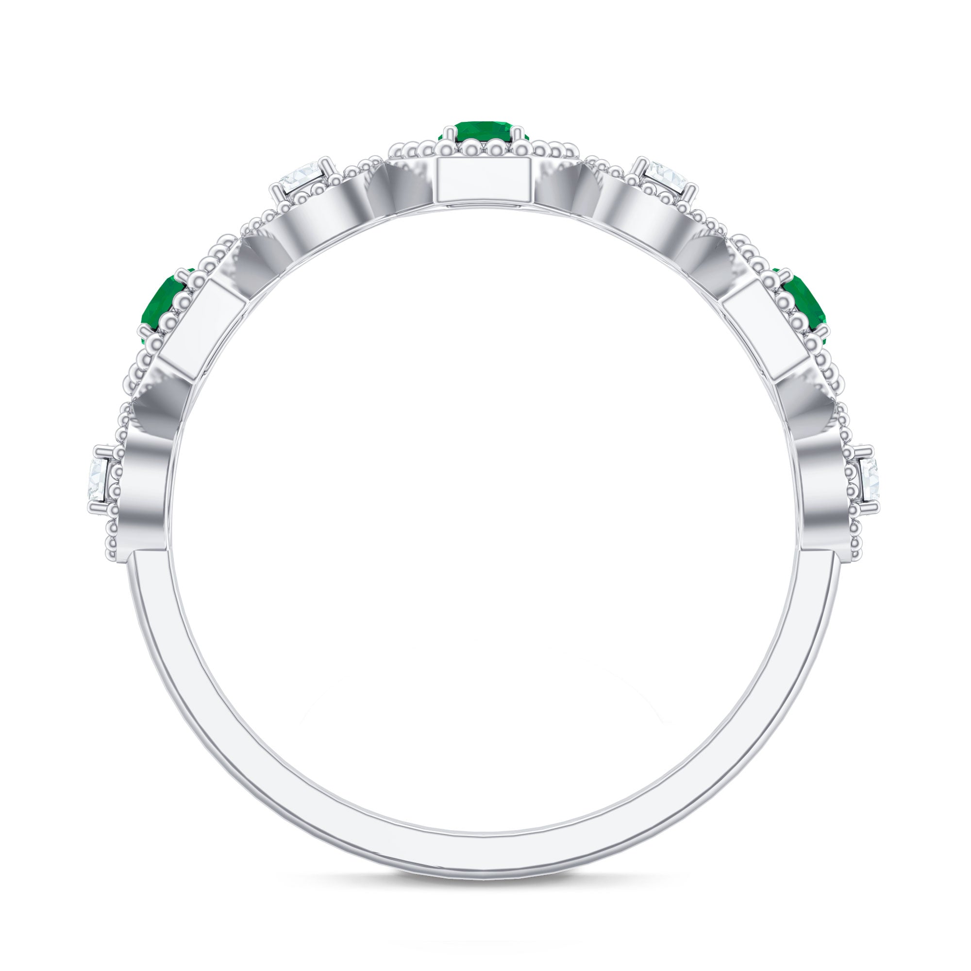 Certified Natural Emerald Art Deco Half Eternity Ring with Diamond AAA - Rosec Jewels