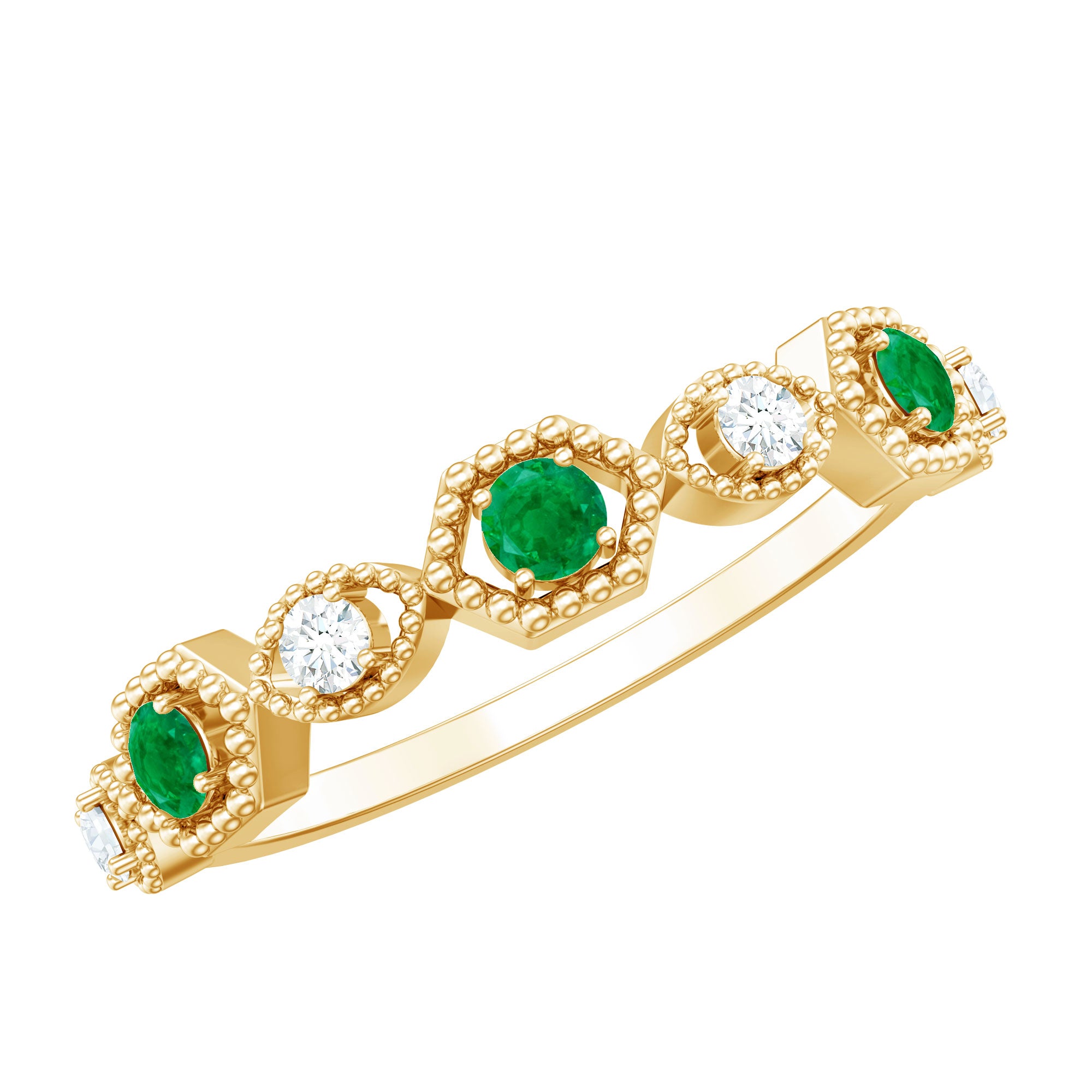 Certified Natural Emerald Art Deco Half Eternity Ring with Diamond AAA - Rosec Jewels