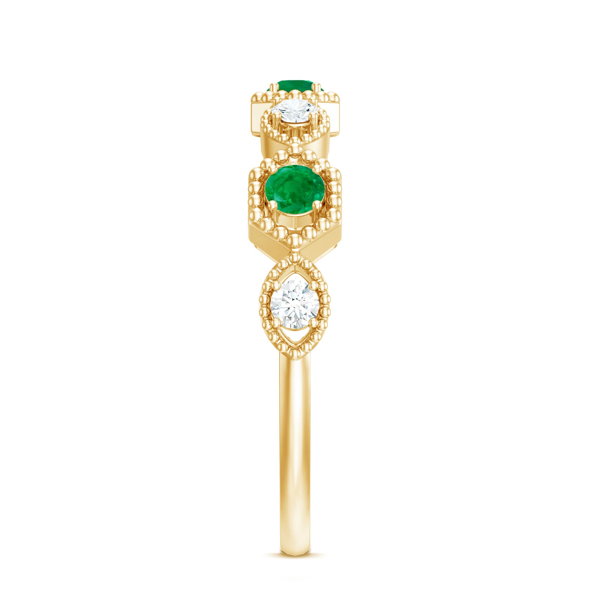 Certified Natural Emerald Art Deco Half Eternity Ring with Diamond AAA - Rosec Jewels