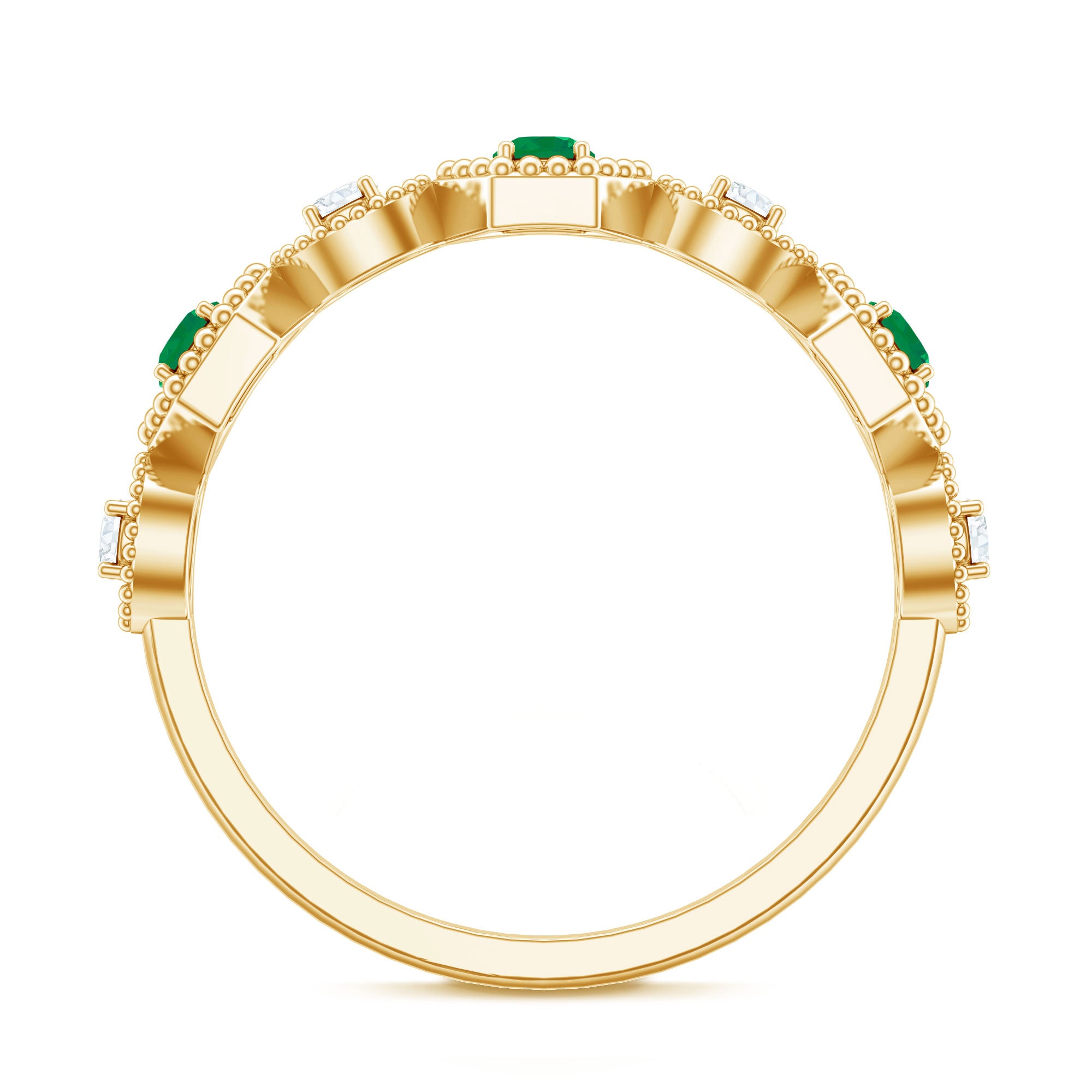Certified Natural Emerald Art Deco Half Eternity Ring with Diamond AAA - Rosec Jewels