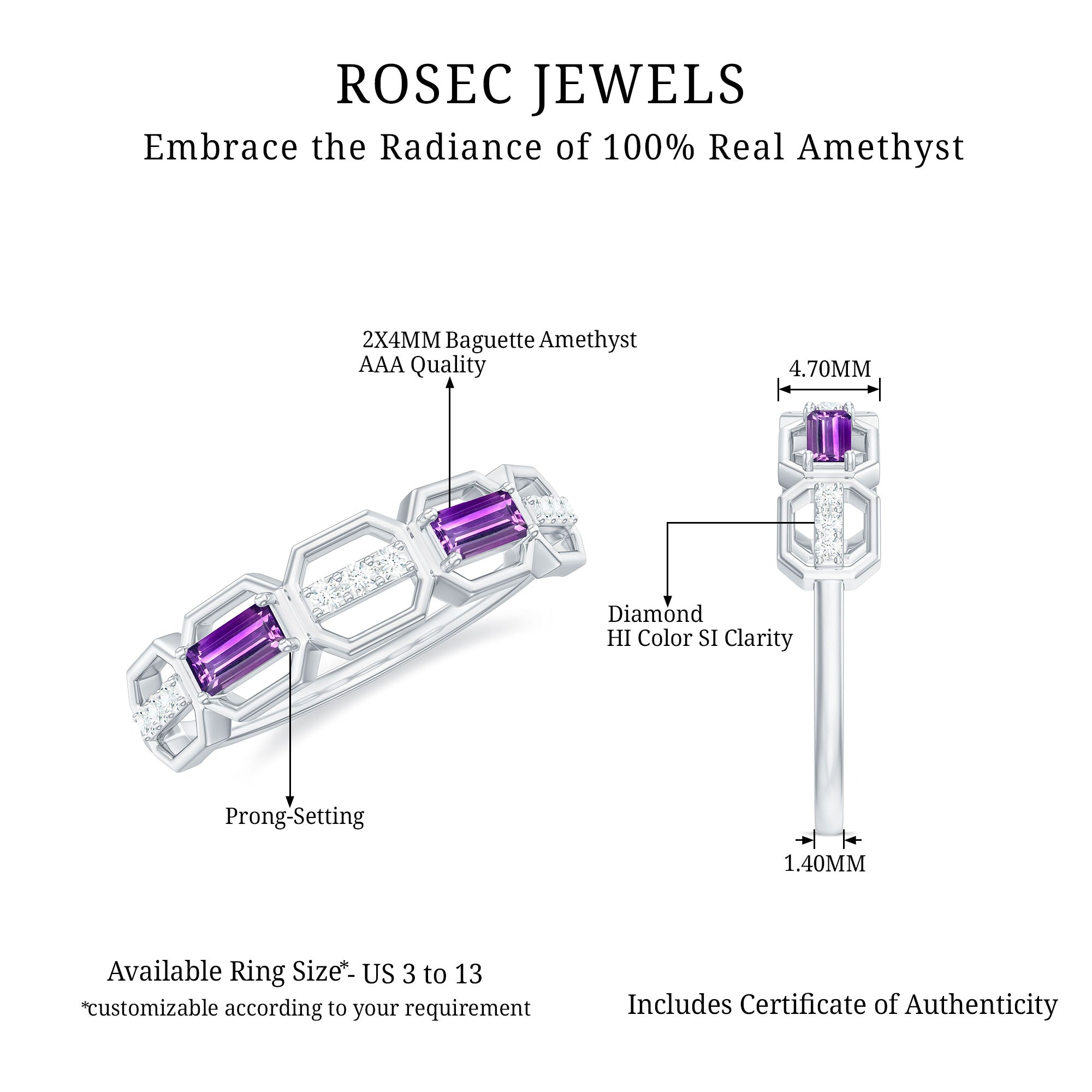 Rosec Jewels-Natural Baguette Amethyst Half Eternity Wedding Band with Diamond