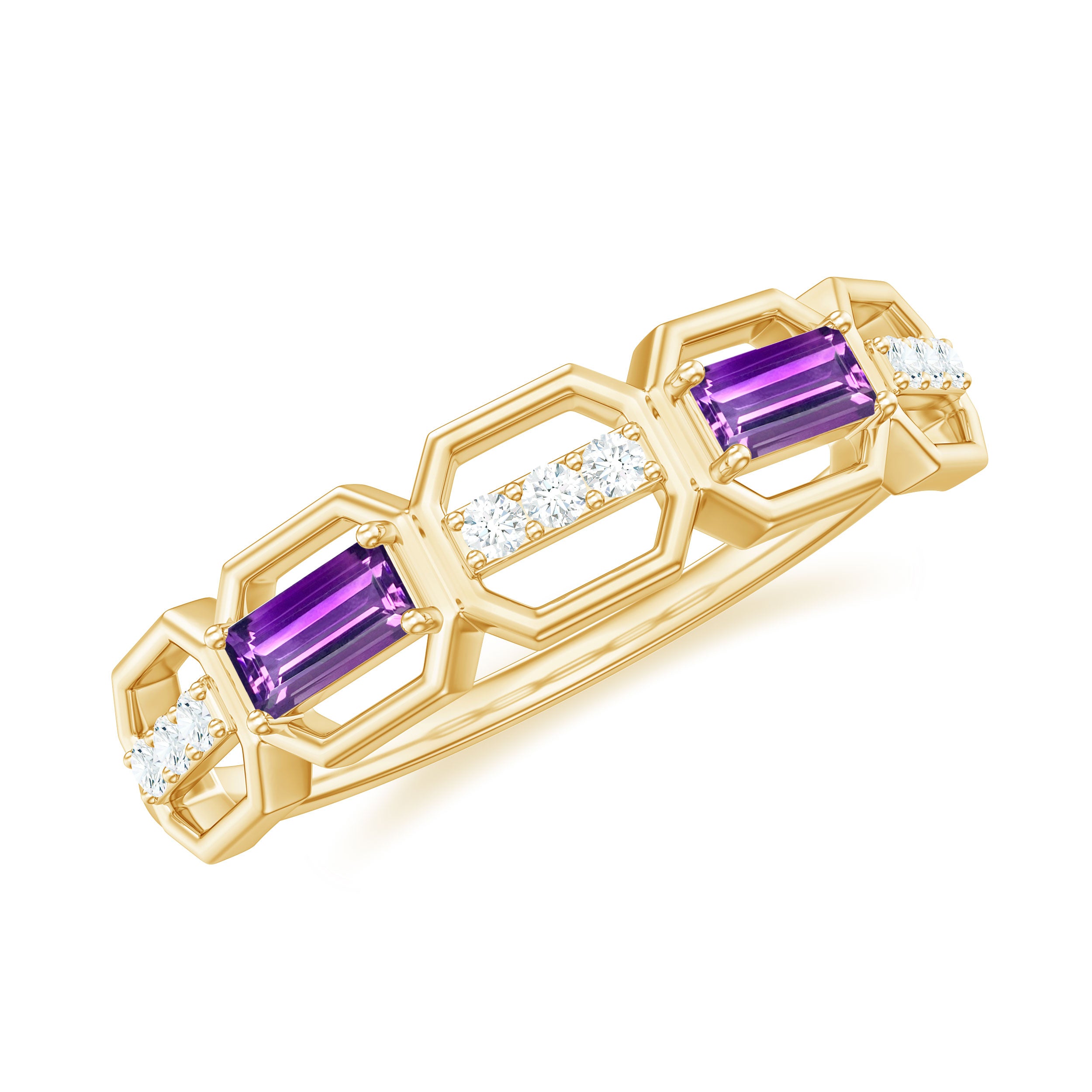 Rosec Jewels-Natural Baguette Amethyst Half Eternity Wedding Band with Diamond