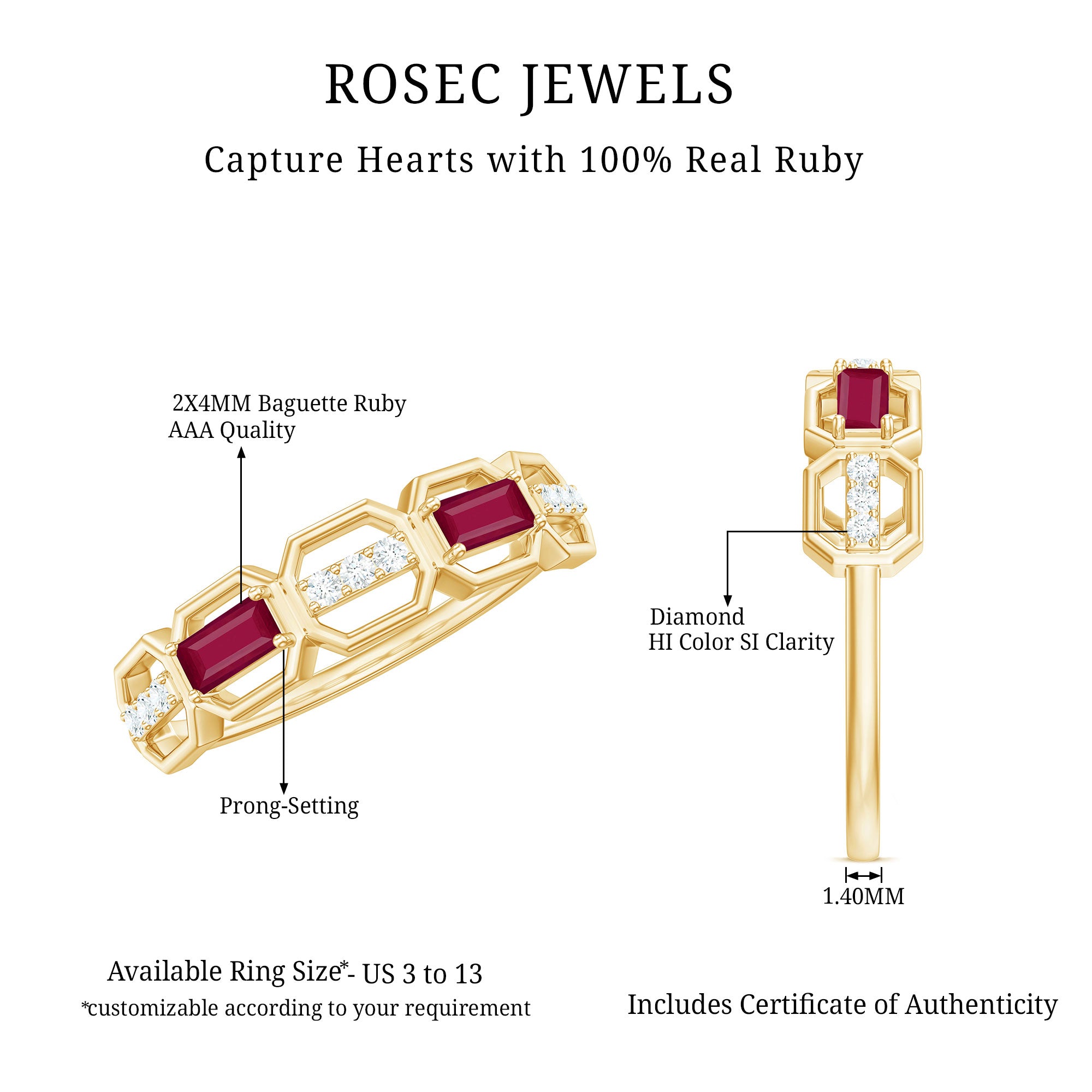 Rosec Jewels-Natural Baguette Ruby Band Ring with Diamond