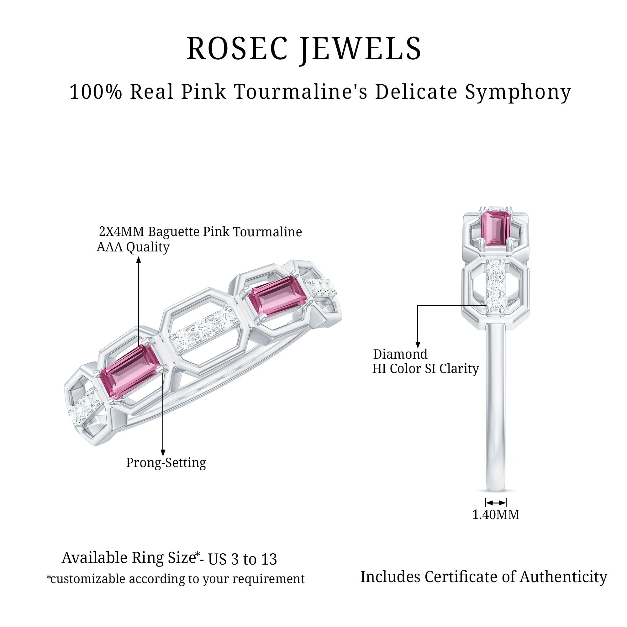 Rosec Jewels-Pink Tourmaline and Diamond Geometric Half Eternity Ring