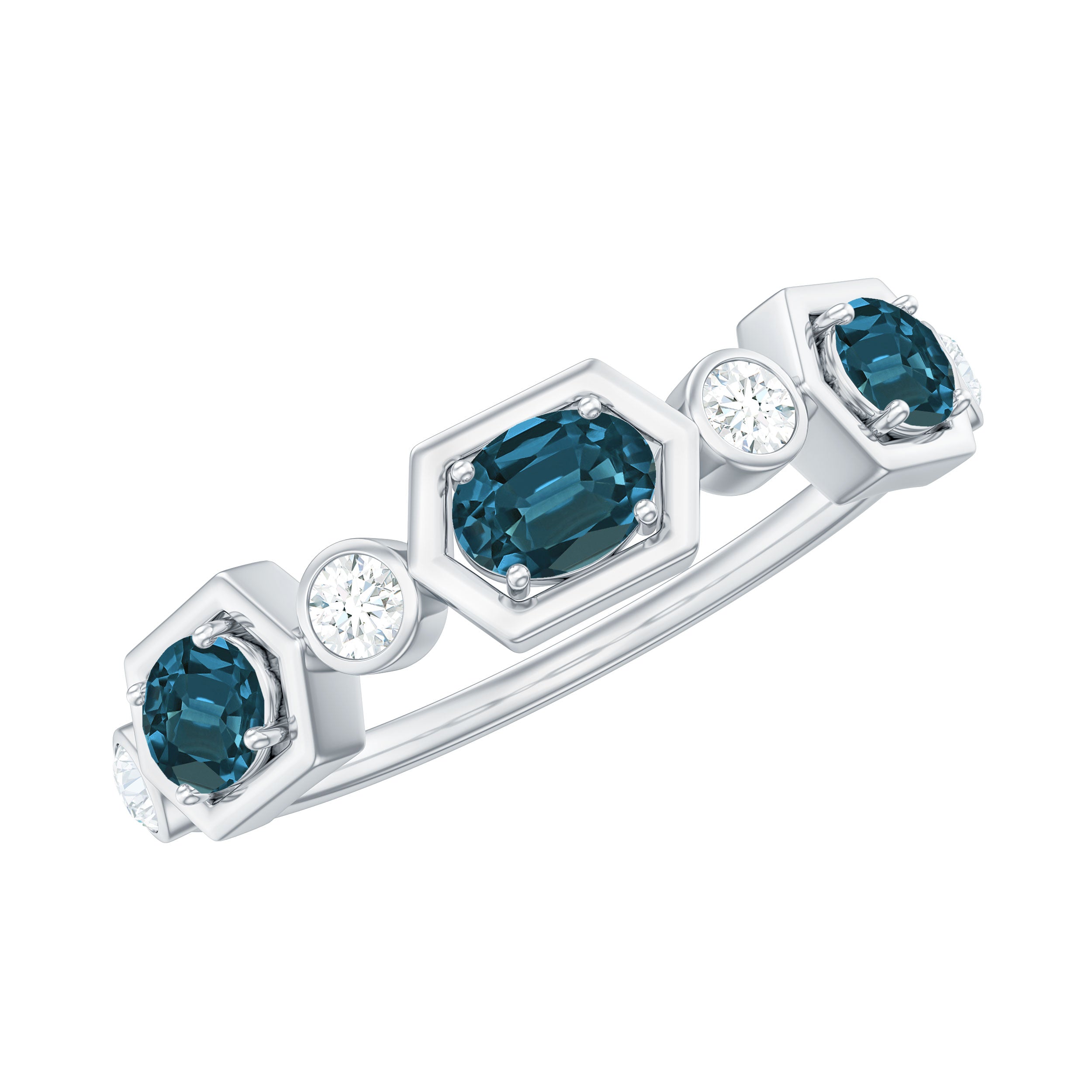 Rosec Jewels-Real Certified London Blue Topaz Halft Eternity Band Ring with Diamond