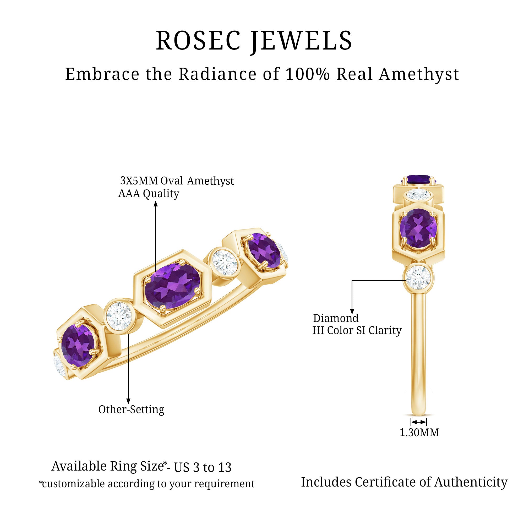 East West Style Amethyst Half Eternity Ring with Diamond AAA - Rosec Jewels
