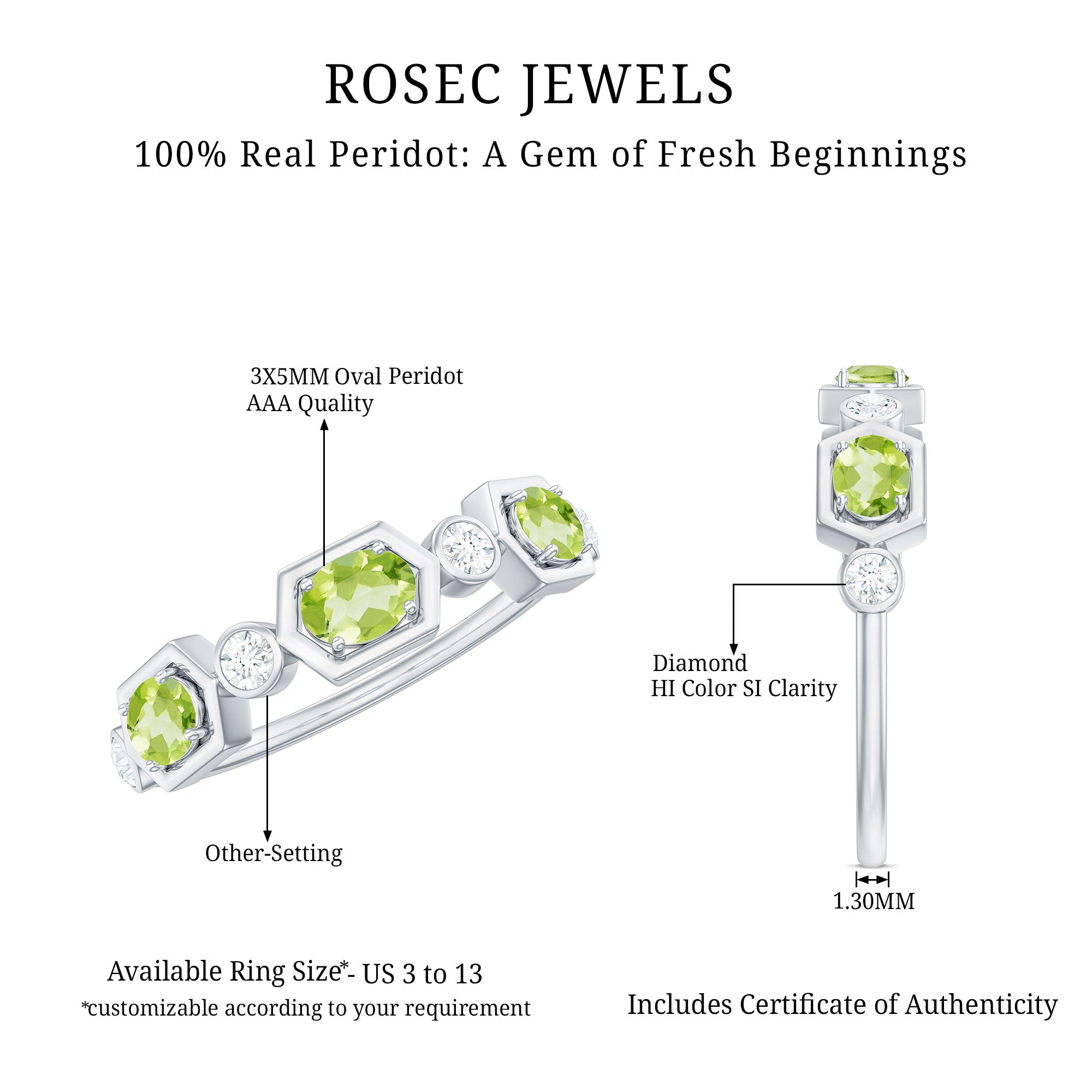 Natural Oval Peridot Diamond Half Eternity Ring for Women AAA - Rosec Jewels