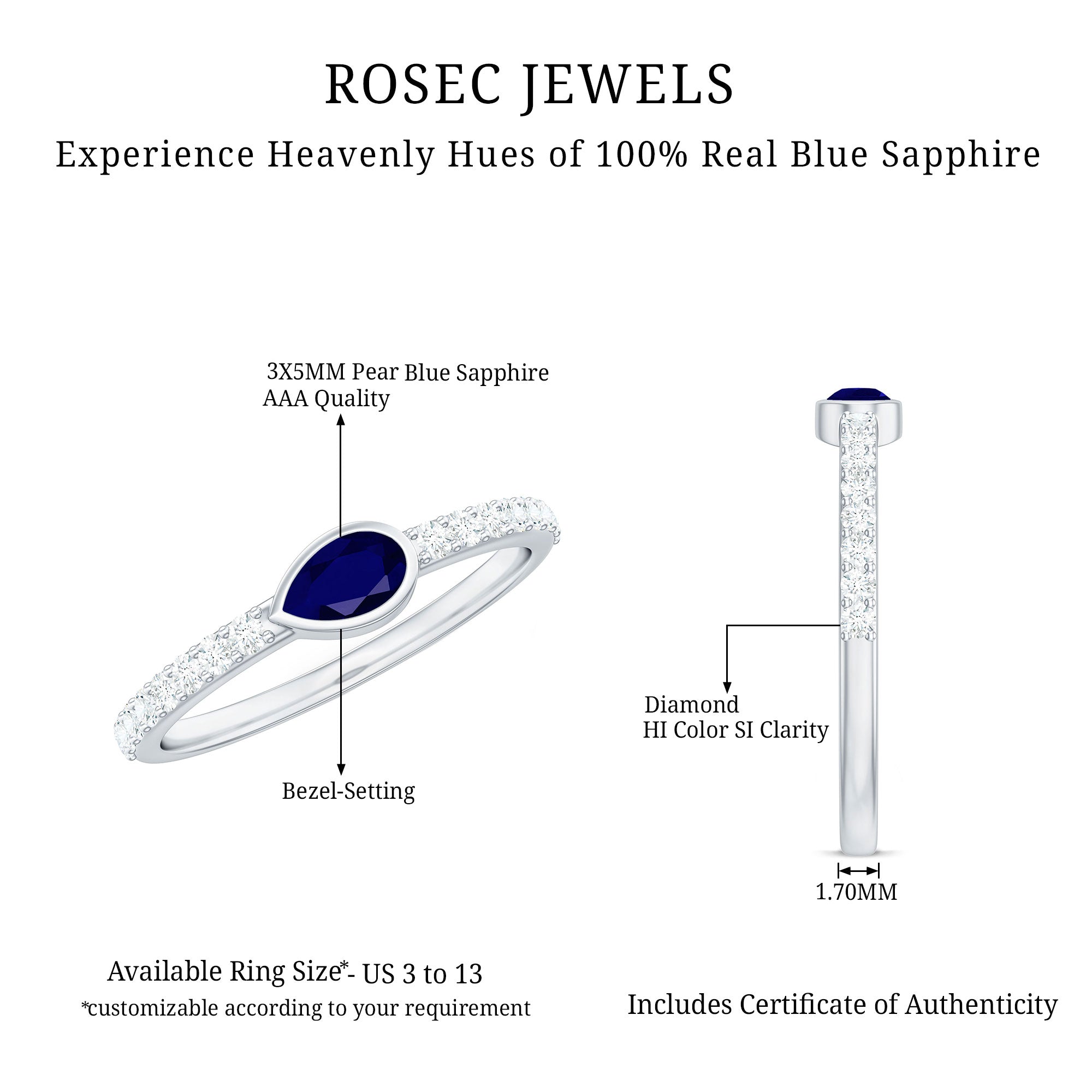 Rosec Jewels-Real Pear Shape Blue Sapphire Promise Ring with Diamond