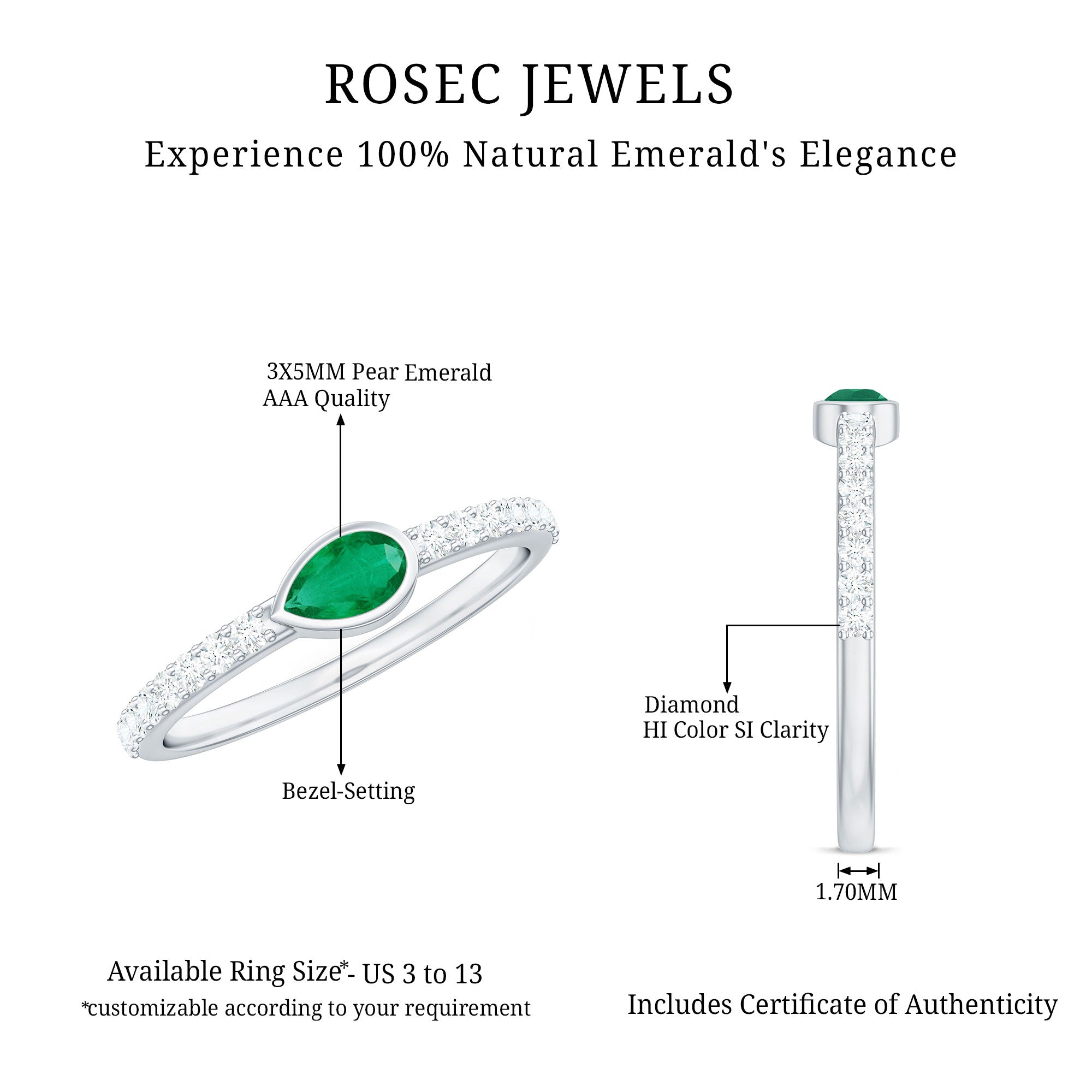 Rosec Jewels-Natural Pear Shape Emerald Diamond Promise Ring in Bezel Setting