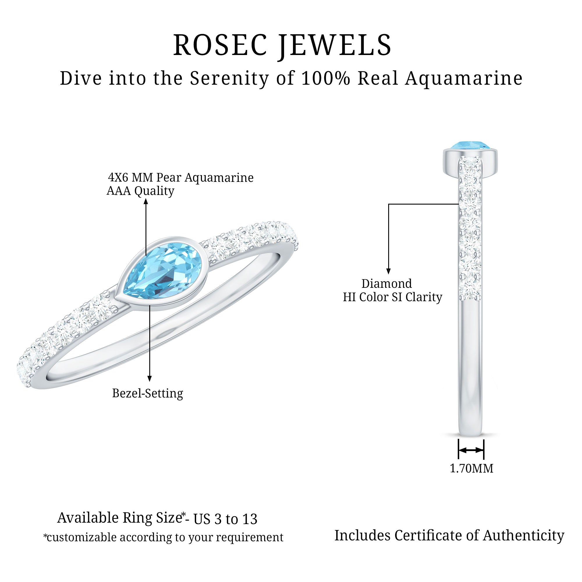 Rosec Jewels-Pear Cut Aquamarine Promise Ring with Diamond