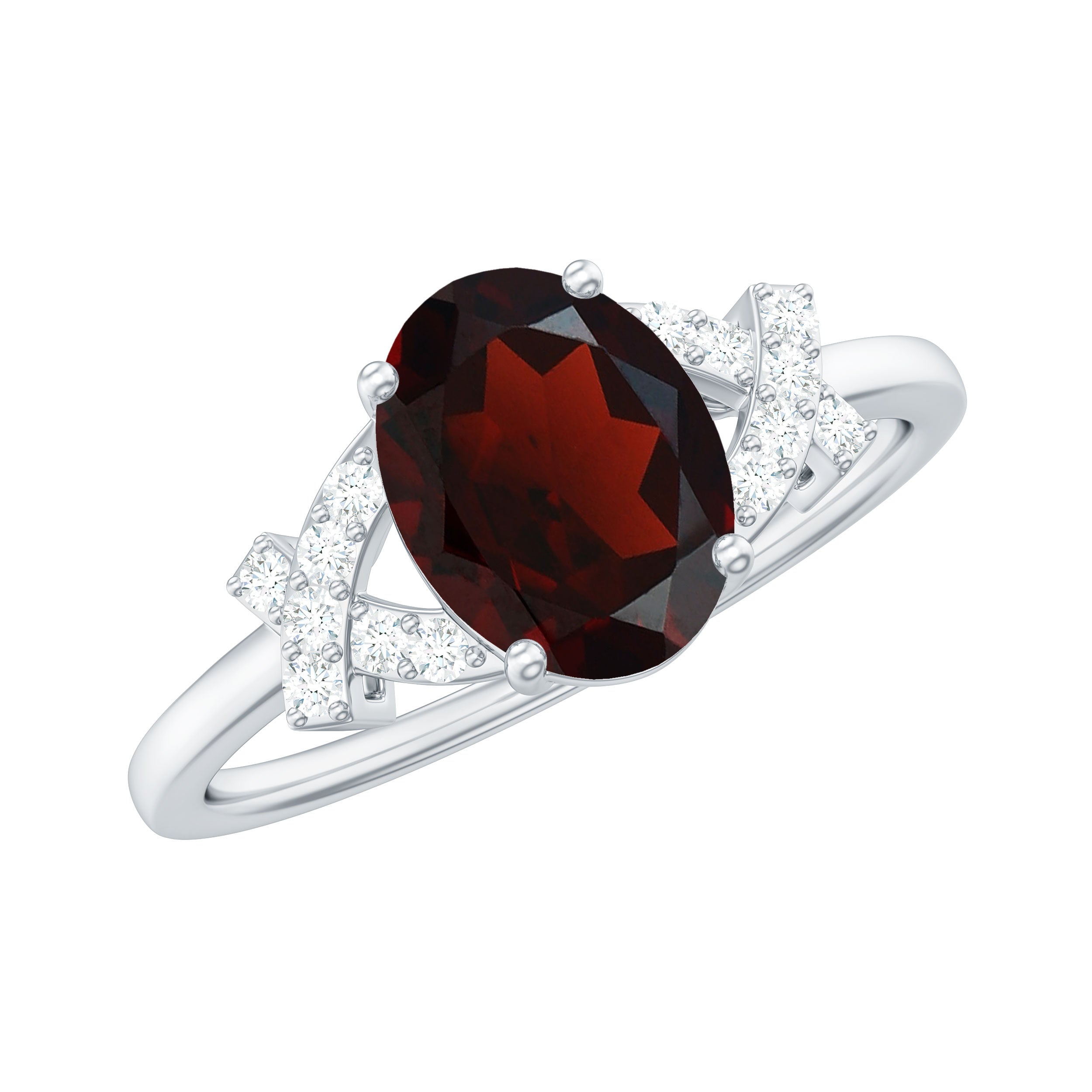 Real 6X8mm Garnet Oval Engagement Ring with Diamond Split Shank