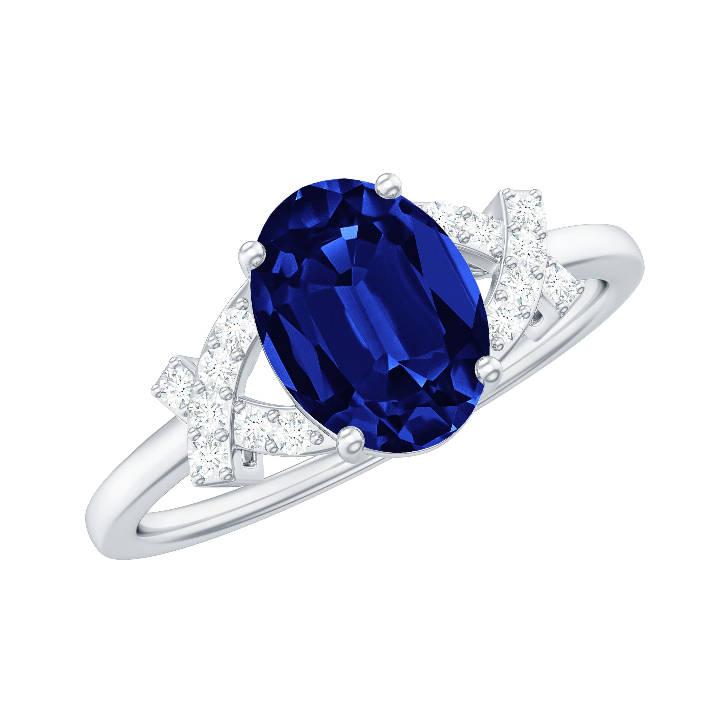 Split Shank Oval Created Blue Sapphire and Diamond Solitaire Engagement Ring