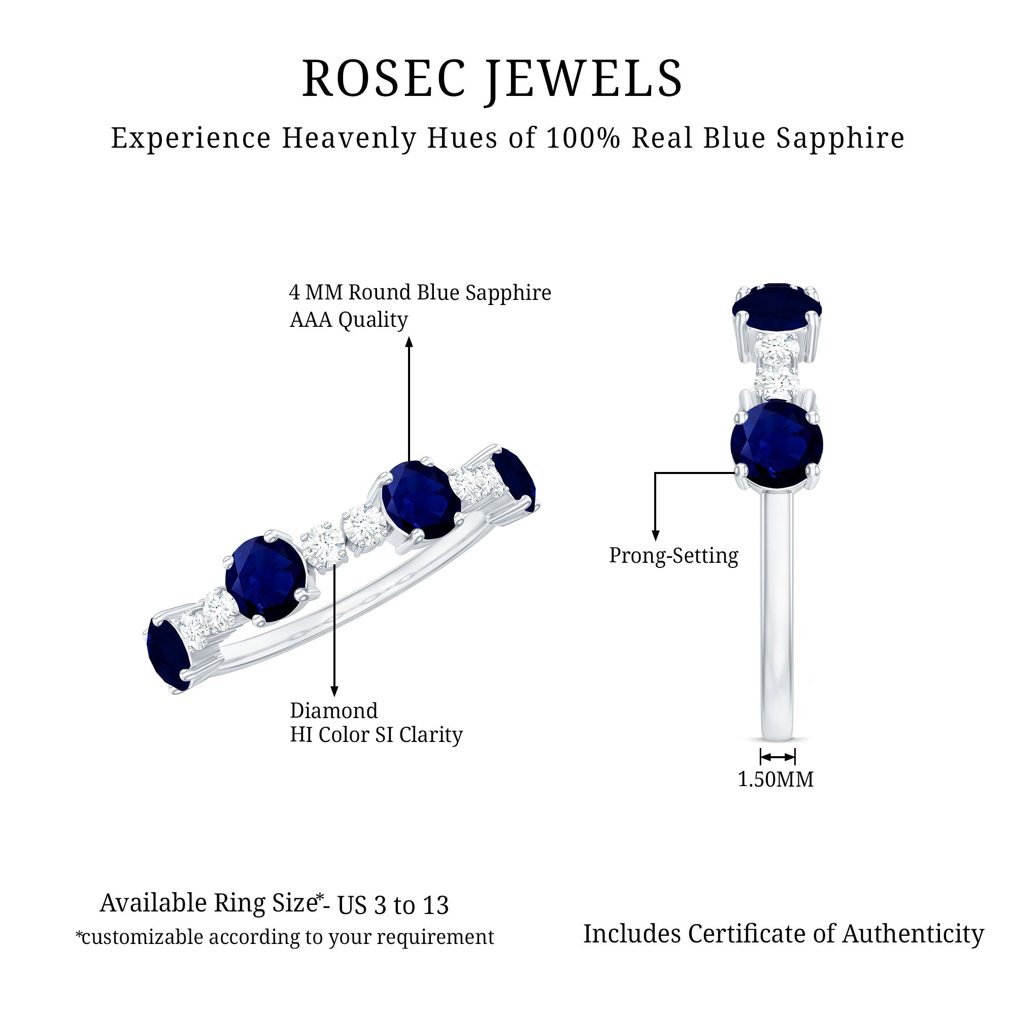 Rosec Jewels-Genuine Blue Sapphire Half Eternity Ring with Diamond