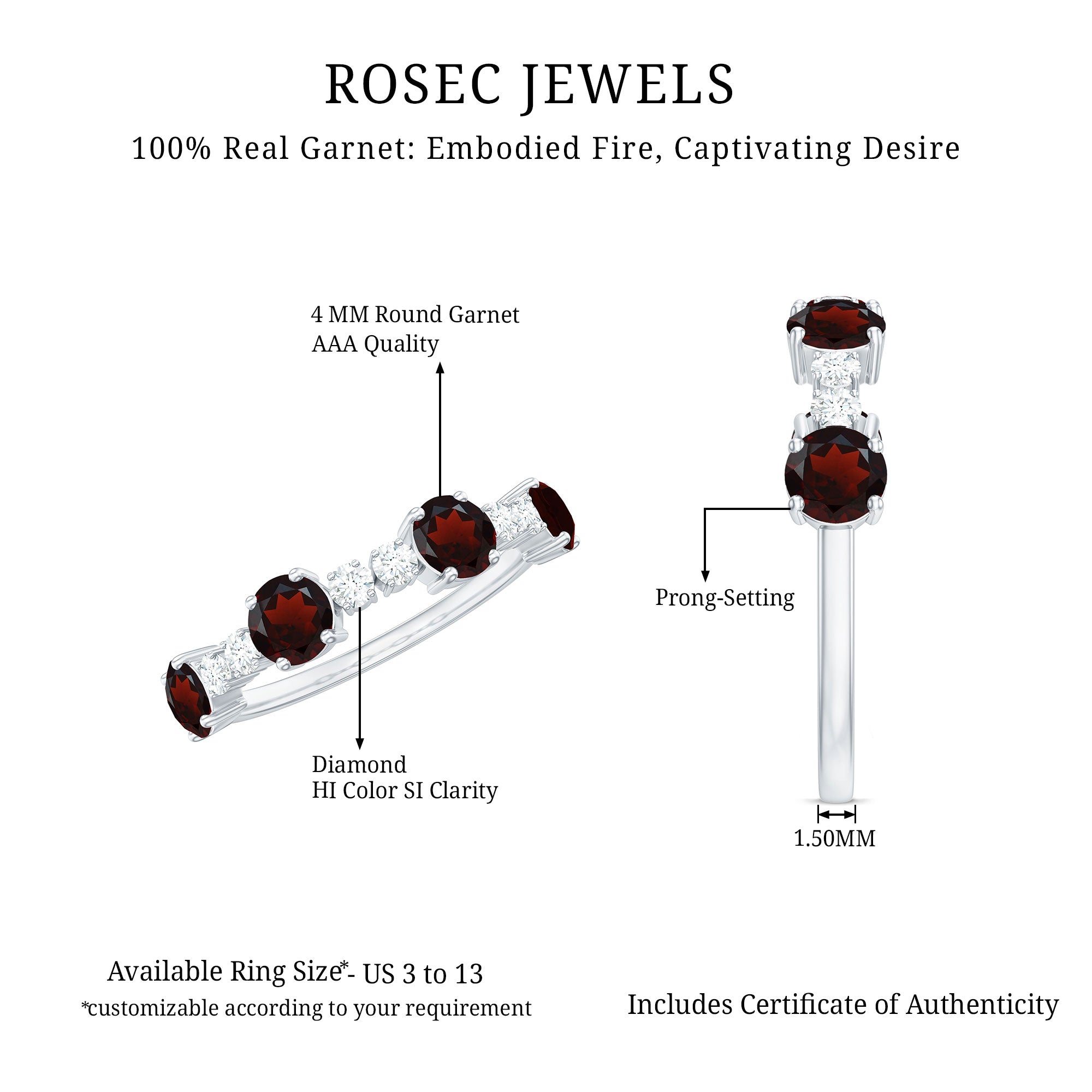 Rosec Jewels-Genuine Garnet Half Eternity Ring with Diamond
