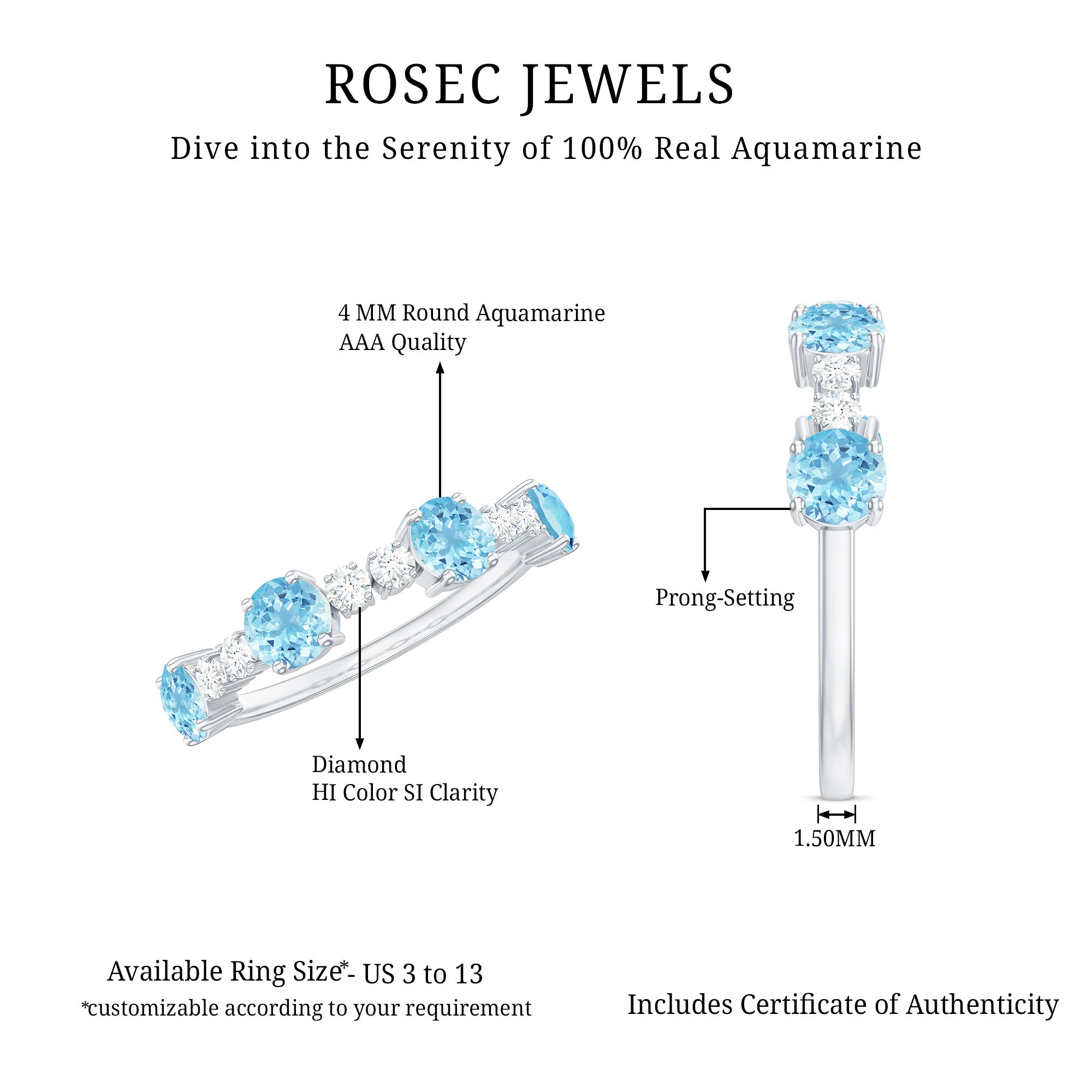 Rosec Jewels-Genuine Aquamarine and Diamond Half Eternity Ring in Prong Setting