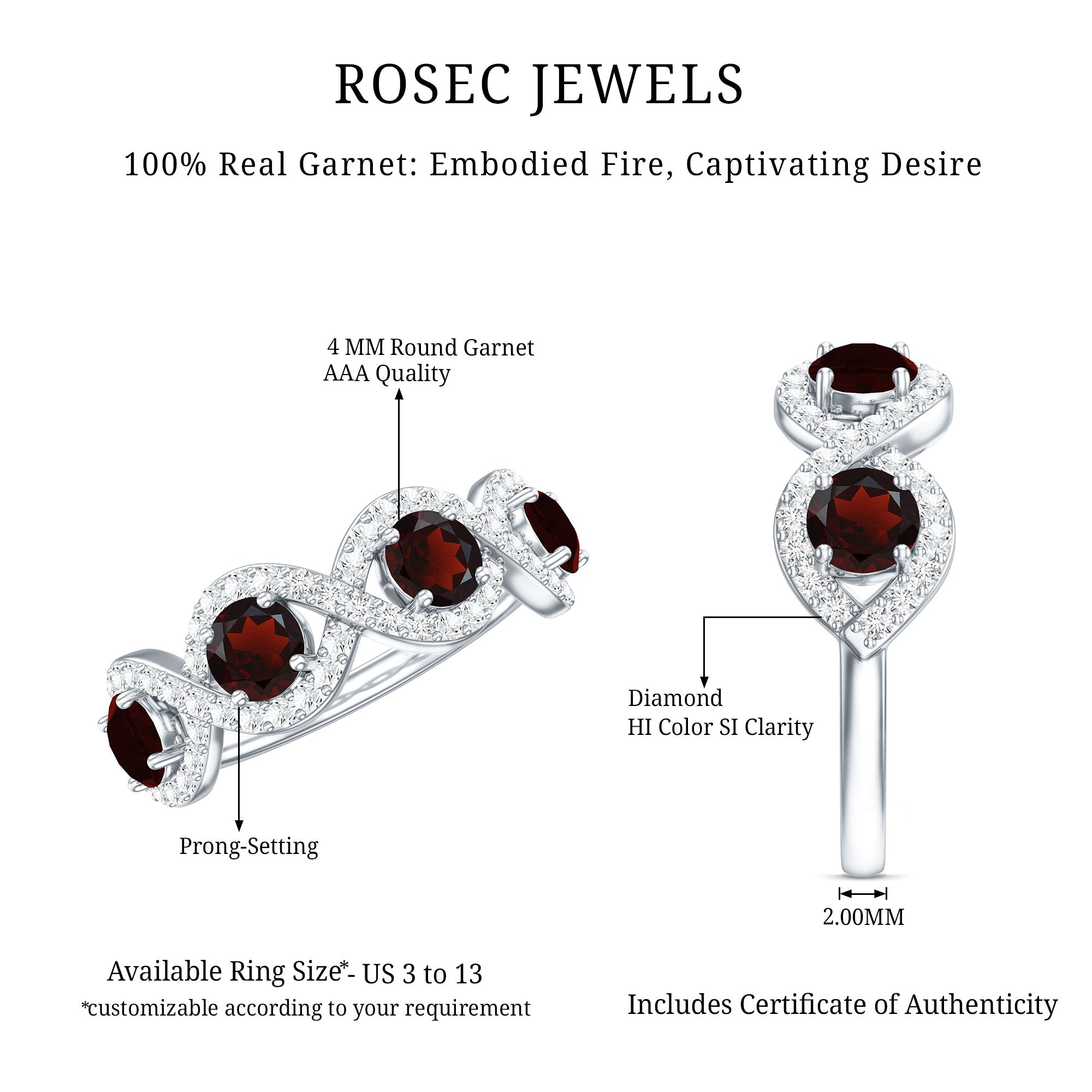 Rosec Jewels-Natural Garnet Diamond Infinity Eternity Ring with Braided Shank