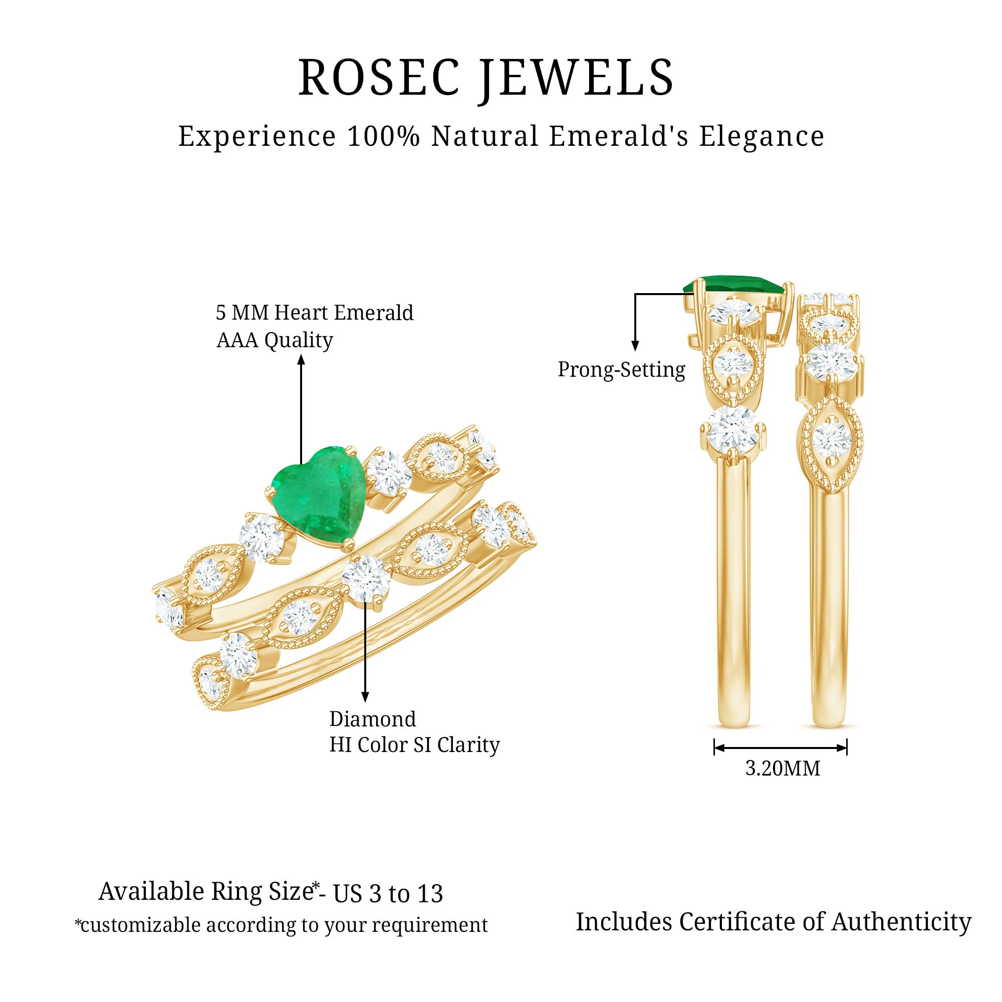 Rosec Jewels-Natural Emerald Heart Shaped Engagement Ring and Diamond Wedding Band