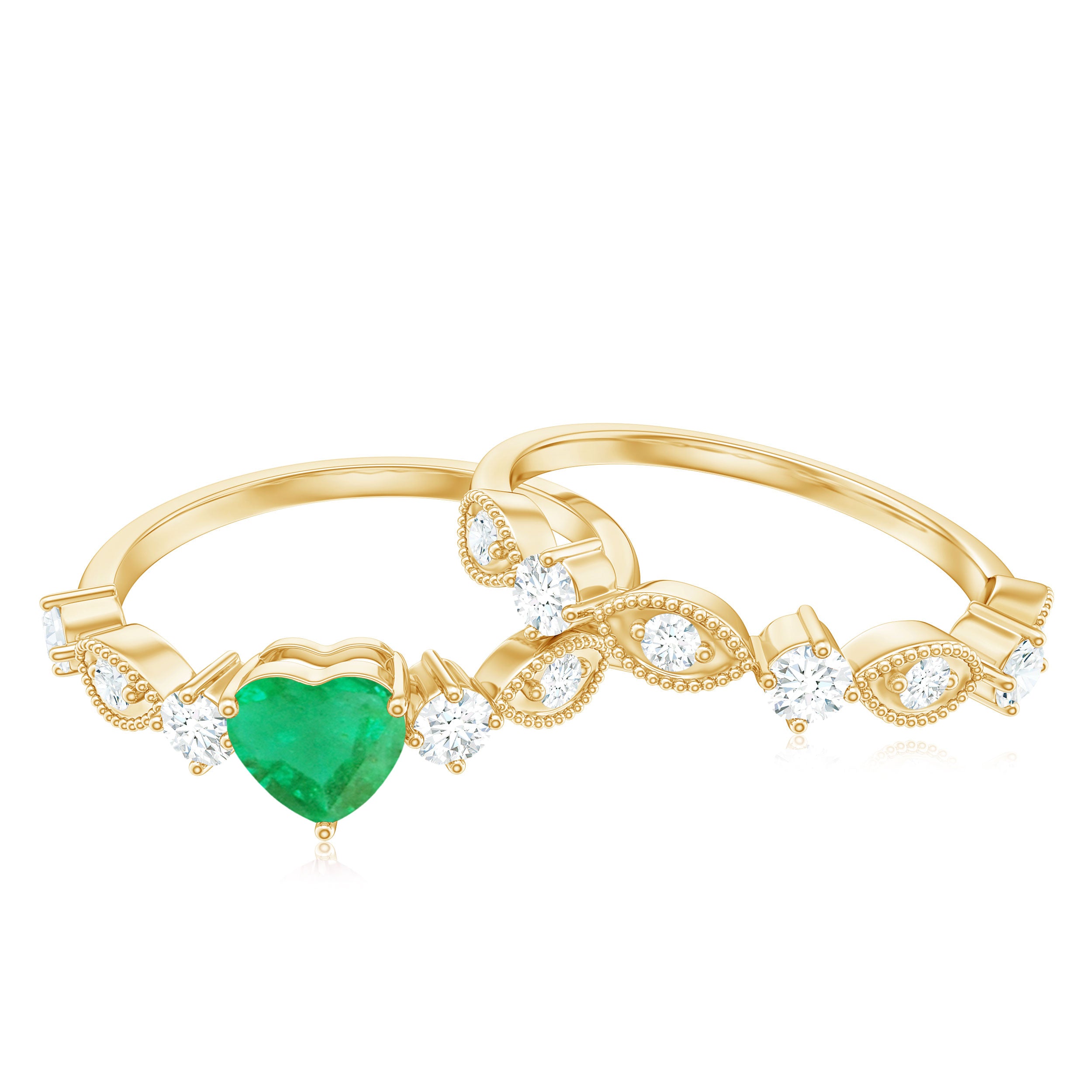 Rosec Jewels-Natural Emerald Heart Shaped Engagement Ring and Diamond Wedding Band