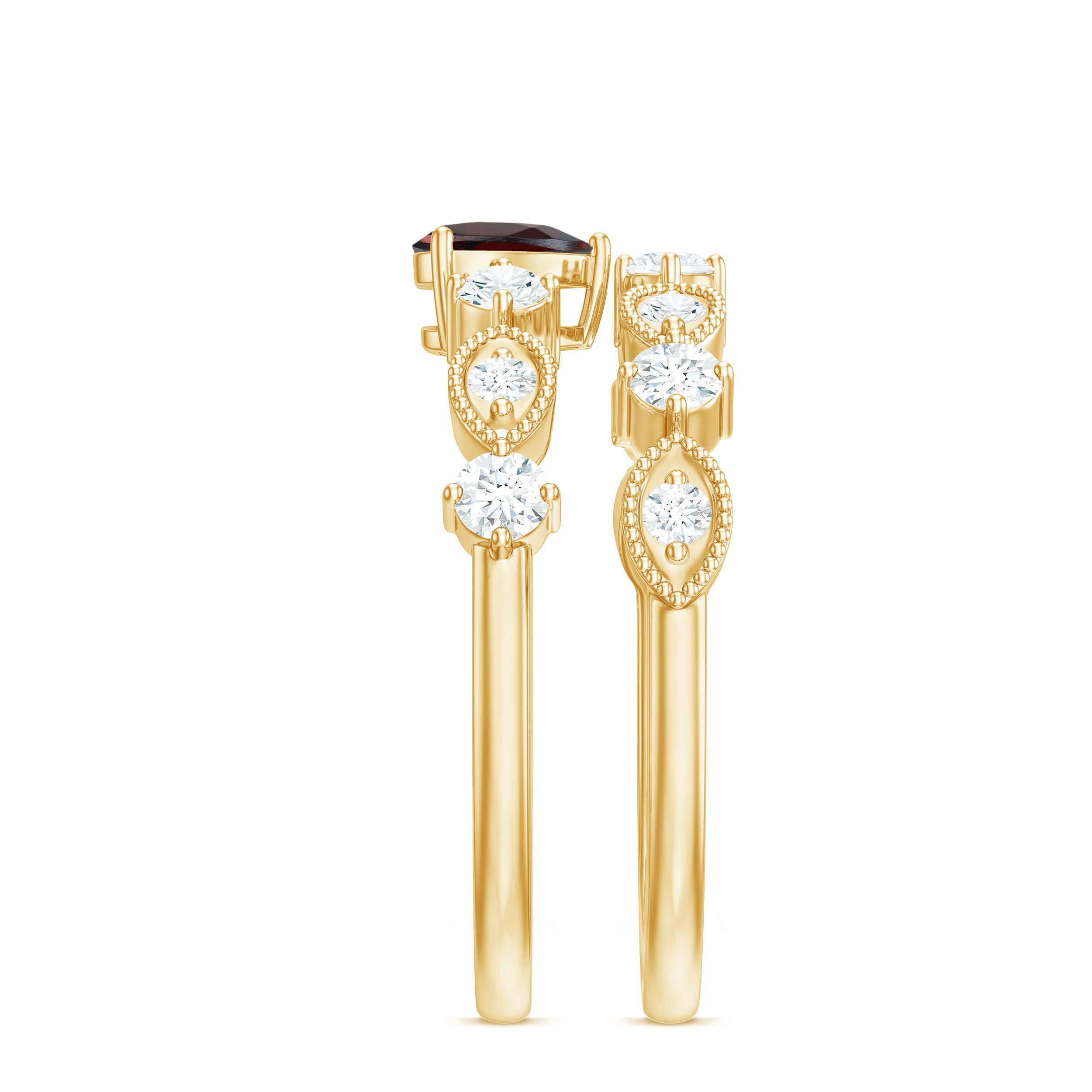 Rosec Jewels-Natural Garnet Diamond Heart Engagement Ring with Wedding Band