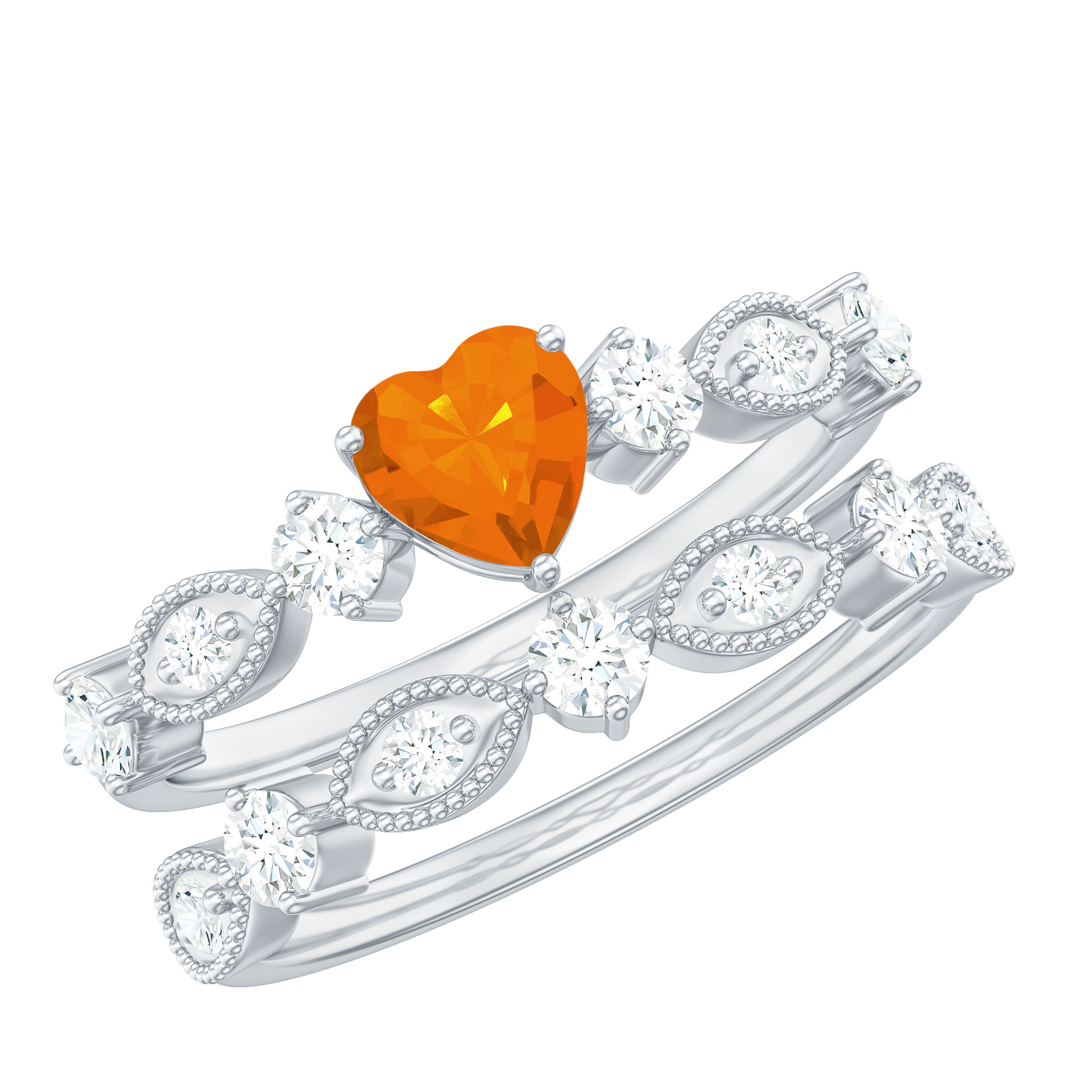 Rosec Jewels-Vintage Inspired Fire Opal and Diamond Wedding Ring Set