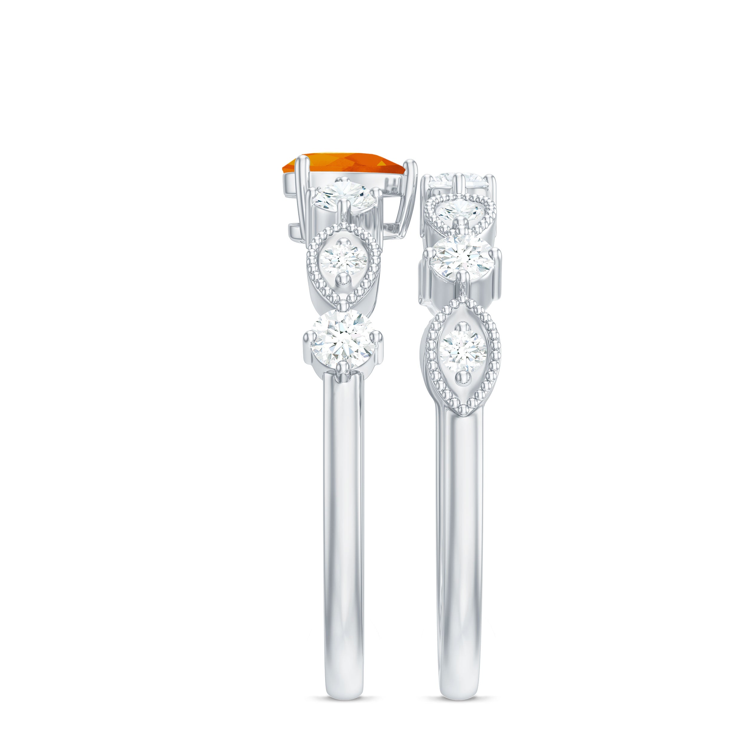Rosec Jewels-Vintage Inspired Fire Opal and Diamond Wedding Ring Set