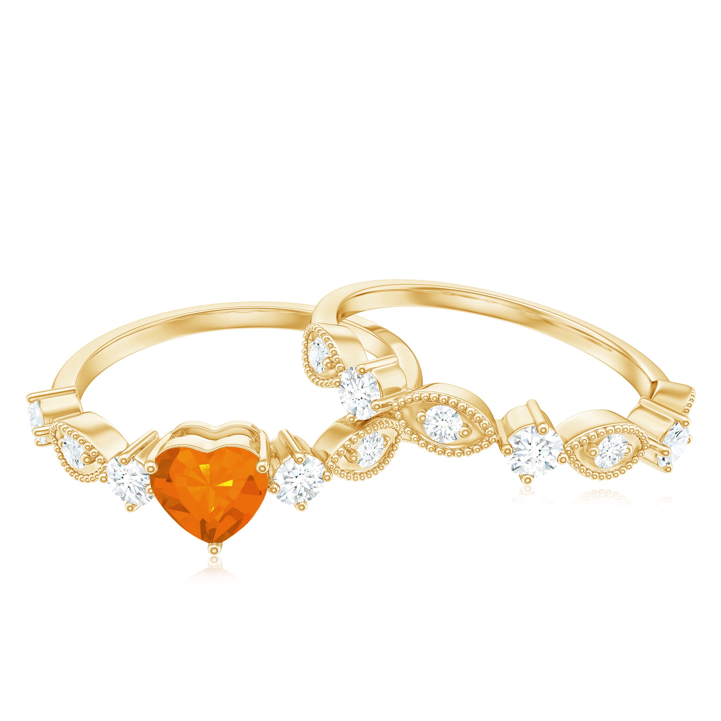 Rosec Jewels-Vintage Inspired Fire Opal and Diamond Wedding Ring Set