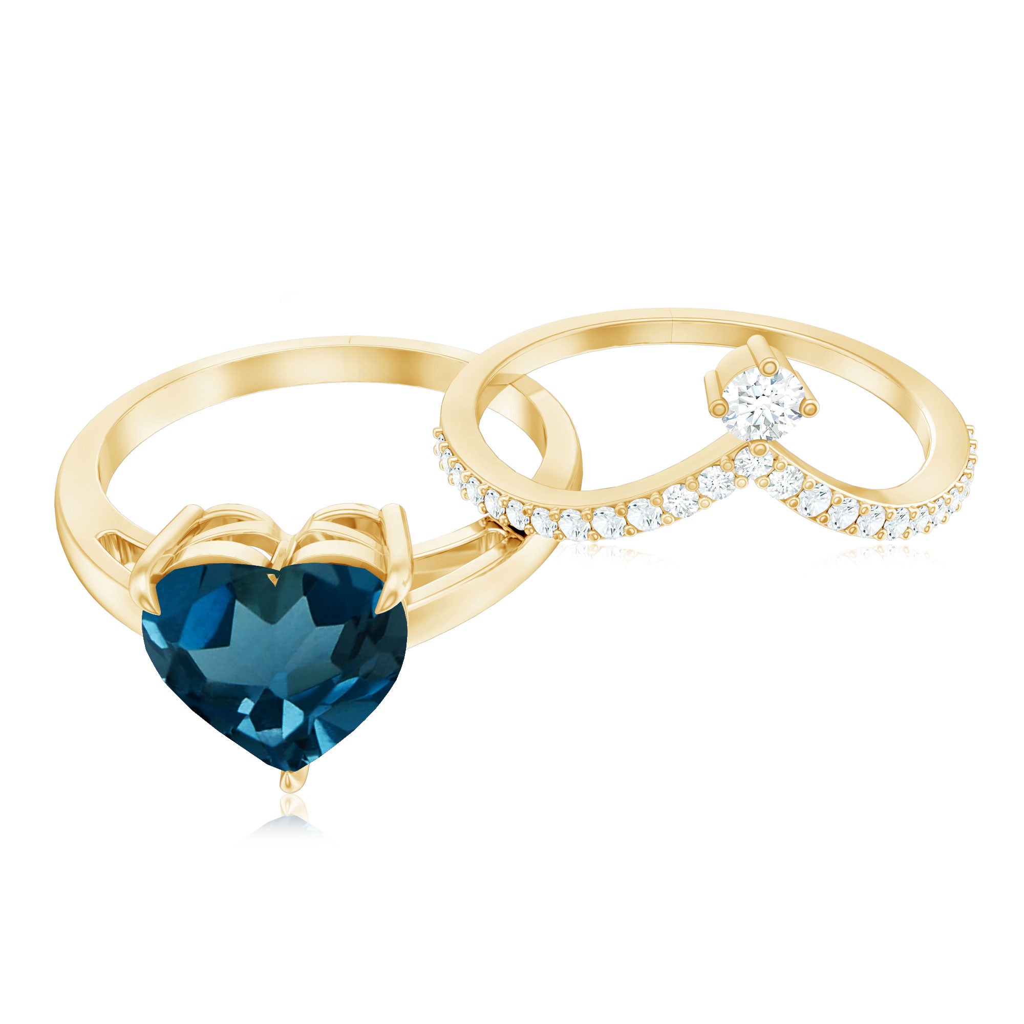 8mm Heart Shaped London Blue Topaz Solitaire Ring Set with Diamond Curved Band AAA - Rosec Jewels