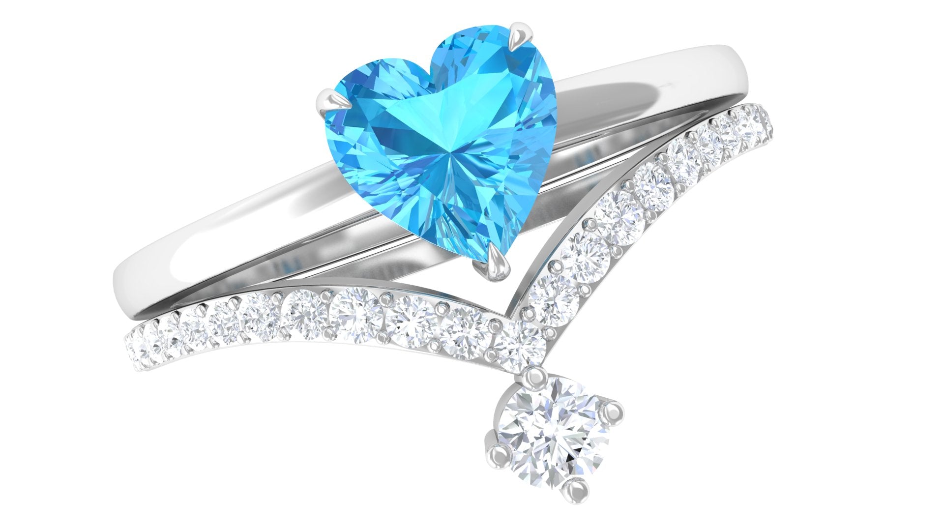 Natural Swiss Blue Topaz and Diamond Heart Ring Set