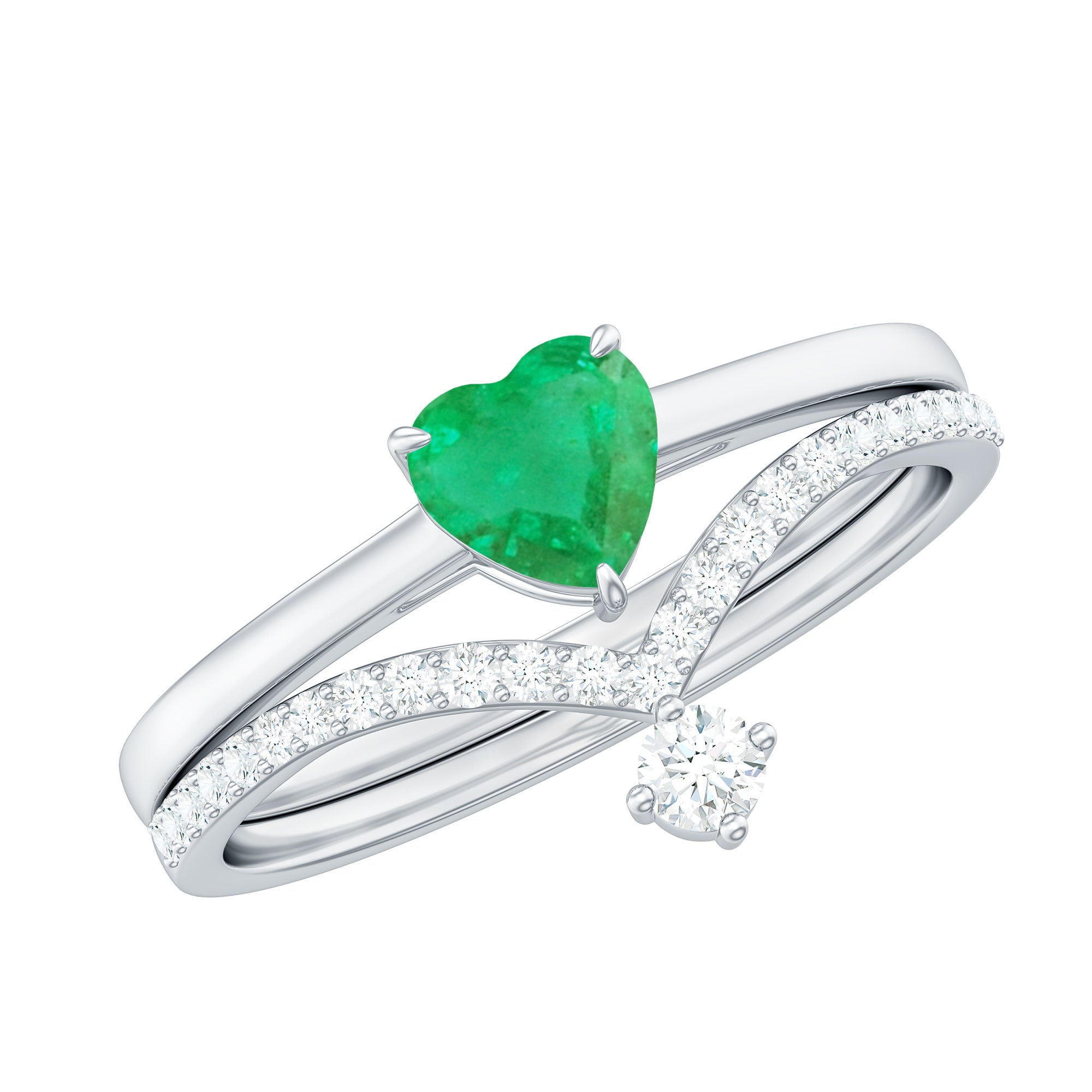 Certified Real Emerald Diamond Heart Wedding Ring Set AAA - Rosec Jewels