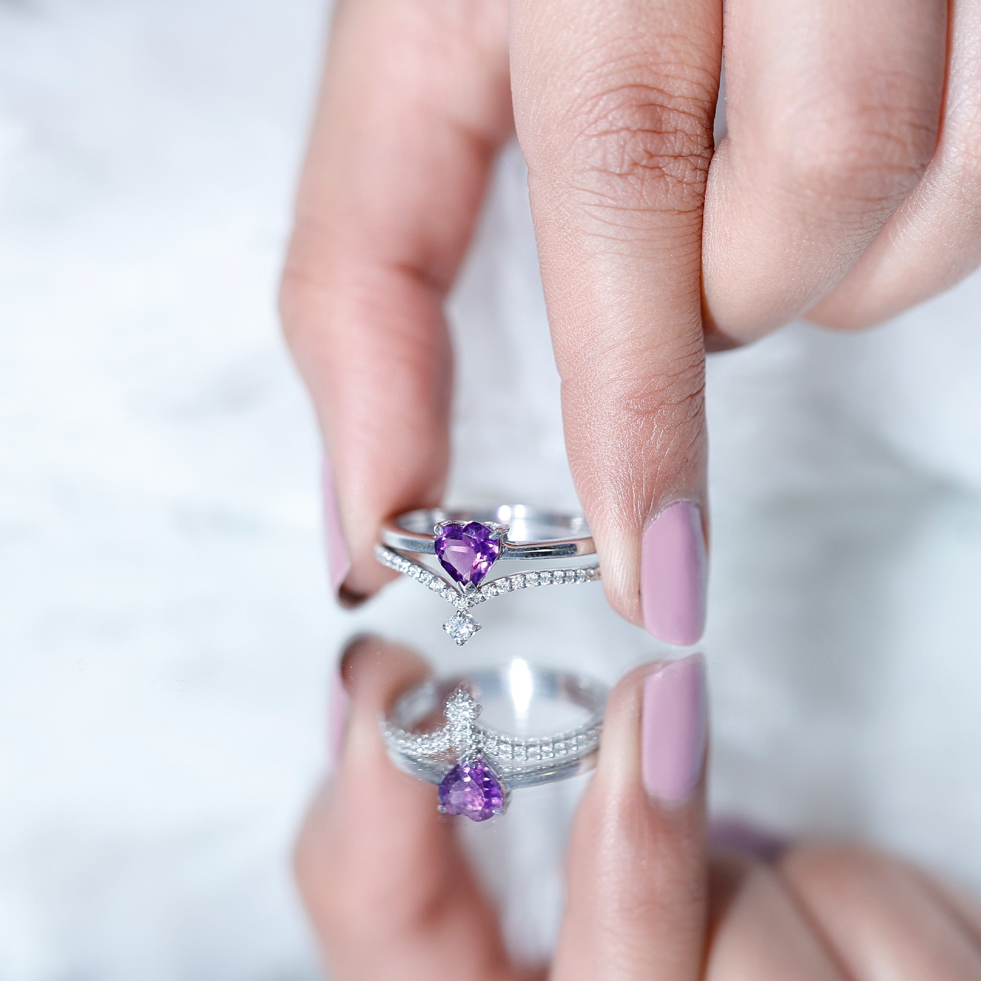 Certified Real Amethyst Heart Engagement Ring with Diamond Wedding Band AAA - Rosec Jewels