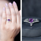 Certified Real Amethyst Heart Engagement Ring with Diamond Wedding Band AAA - Rosec Jewels