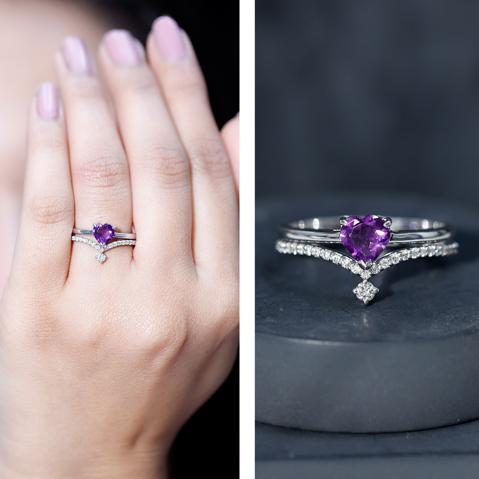 Certified Real Amethyst Heart Engagement Ring with Diamond Wedding Band AAA - Rosec Jewels
