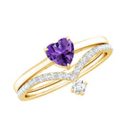 Certified Real Amethyst Heart Engagement Ring with Diamond Wedding Band AAA - Rosec Jewels