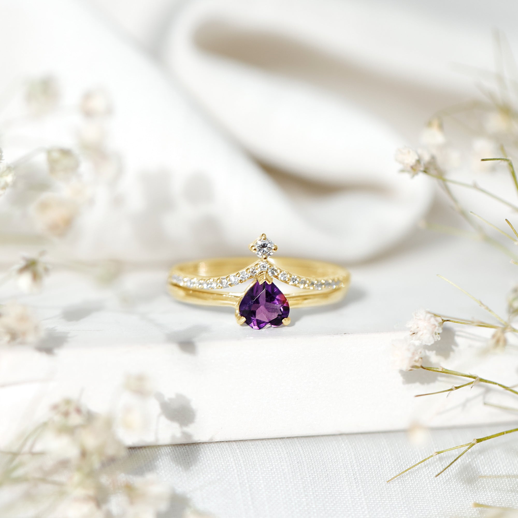 Certified Real Amethyst Heart Engagement Ring with Diamond Wedding Band AAA - Rosec Jewels