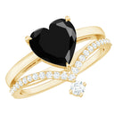 Real Black Onyx and Diamond Heart Wedding Ring Set AAA - Rosec Jewels