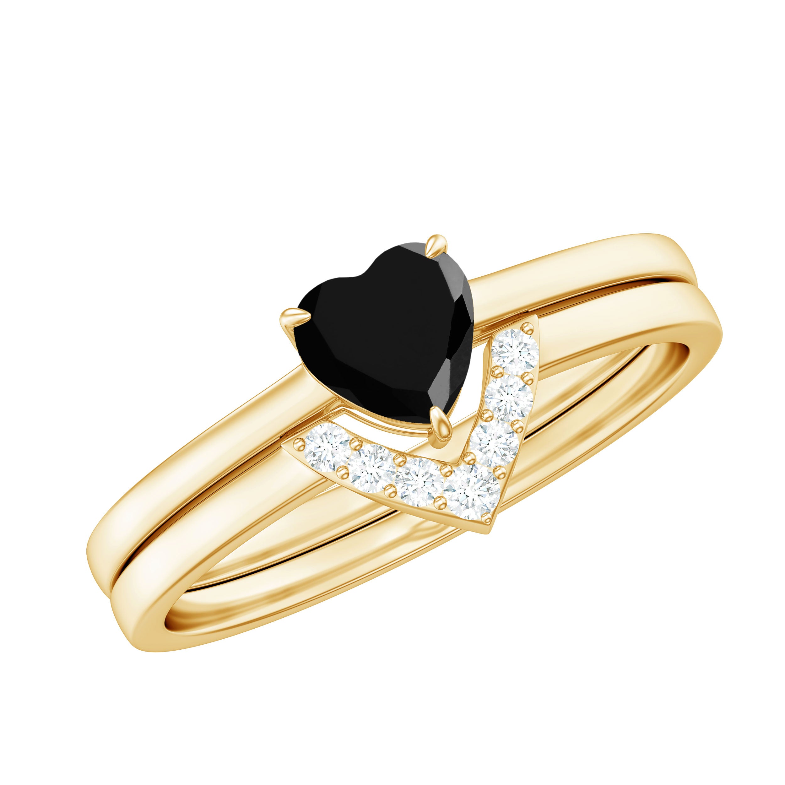 Heart Created Black Diamond Solitaire Ring Set with Diamond AAAA ( Synthetic ) - Rosec Jewels