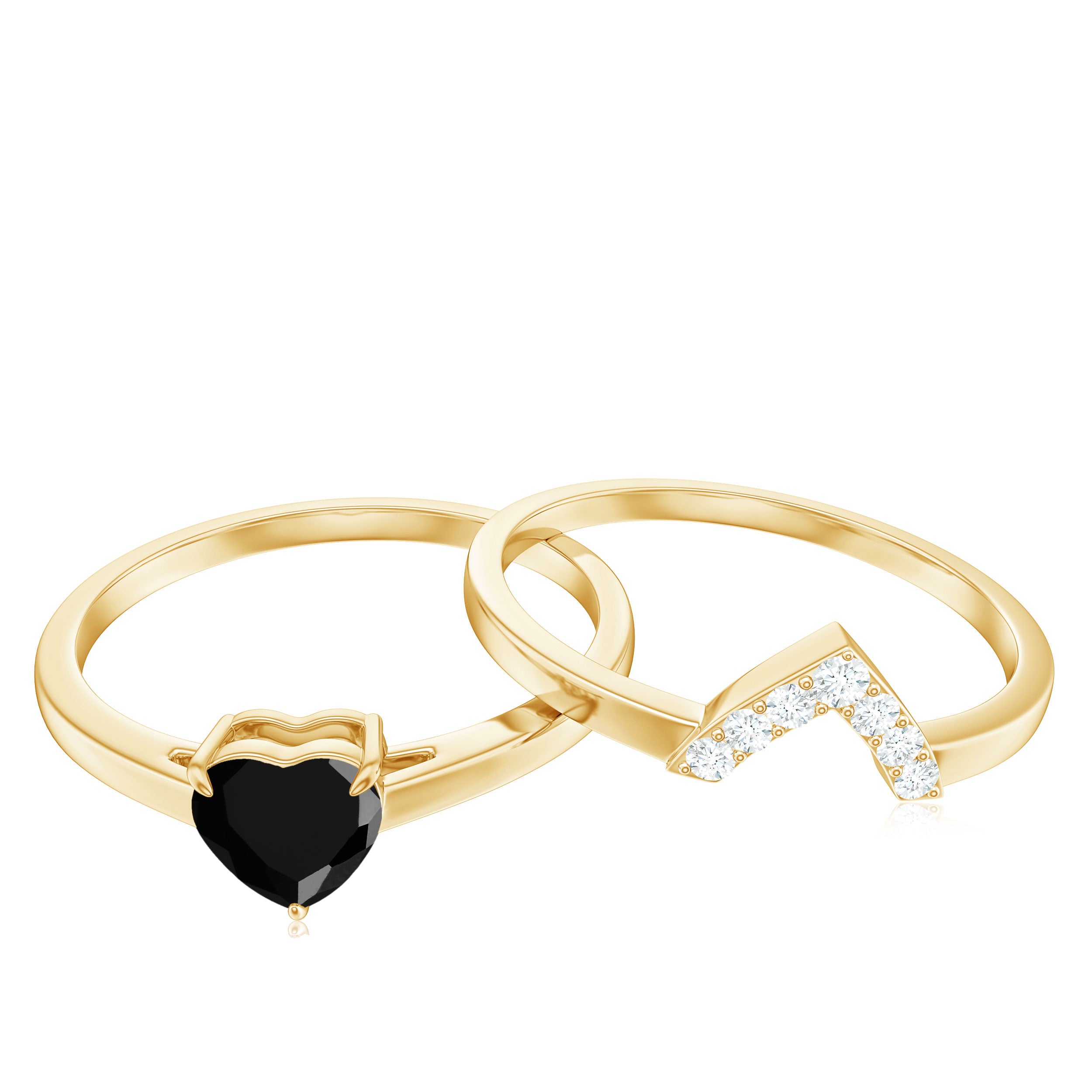 Heart Created Black Diamond Solitaire Ring Set with Diamond AAAA ( Synthetic ) - Rosec Jewels