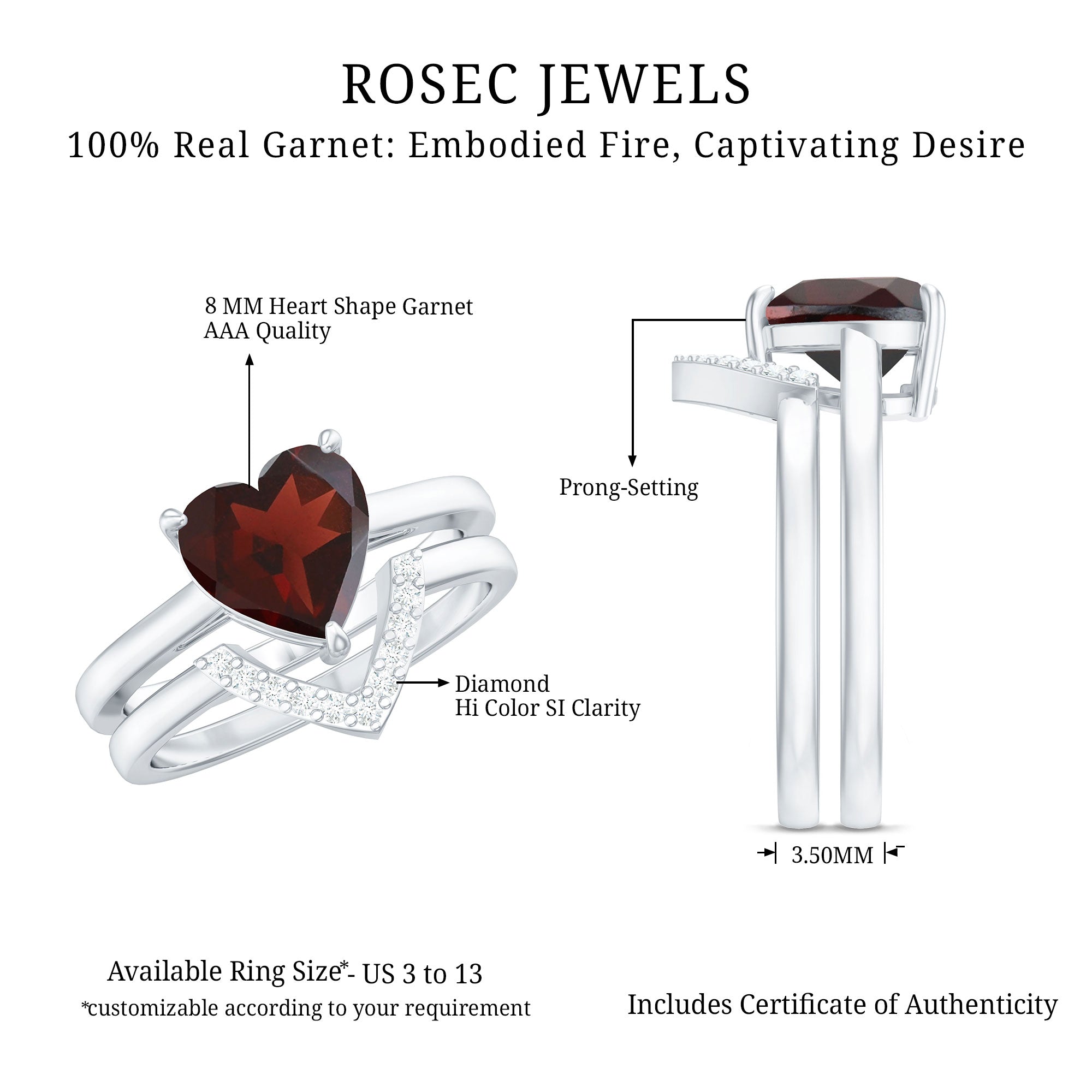 Rosec Jewels-Real 8mm Garnet Diamond Heart Shaped Wedding Engagement Ring Set of 2