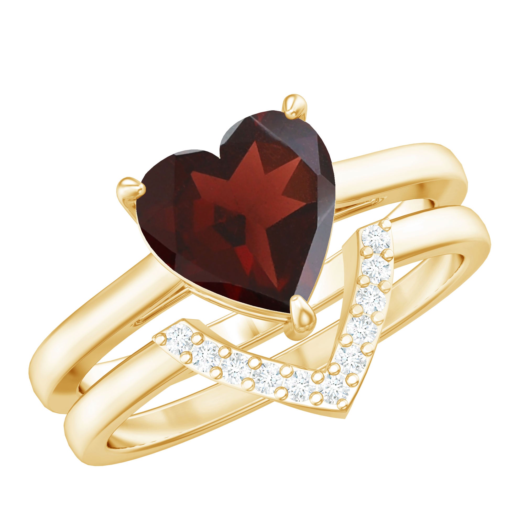 Rosec Jewels-Real 8mm Garnet Diamond Heart Shaped Wedding Engagement Ring Set of 2