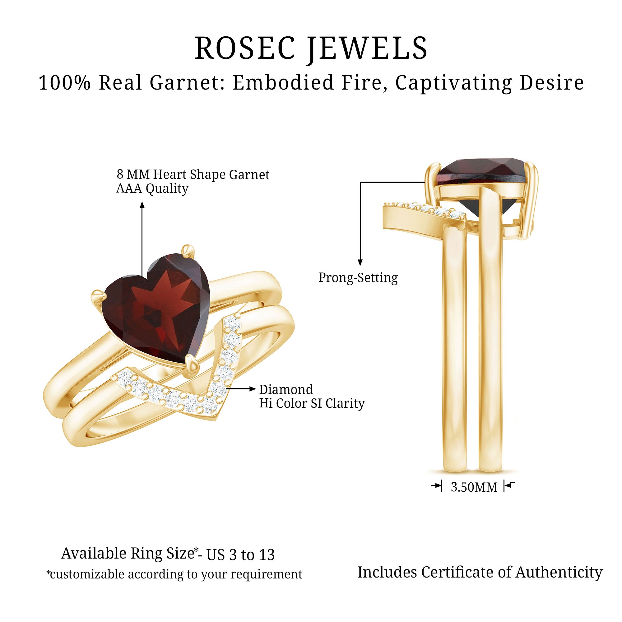 Rosec Jewels-Real 8mm Garnet Diamond Heart Shaped Wedding Engagement Ring Set of 2