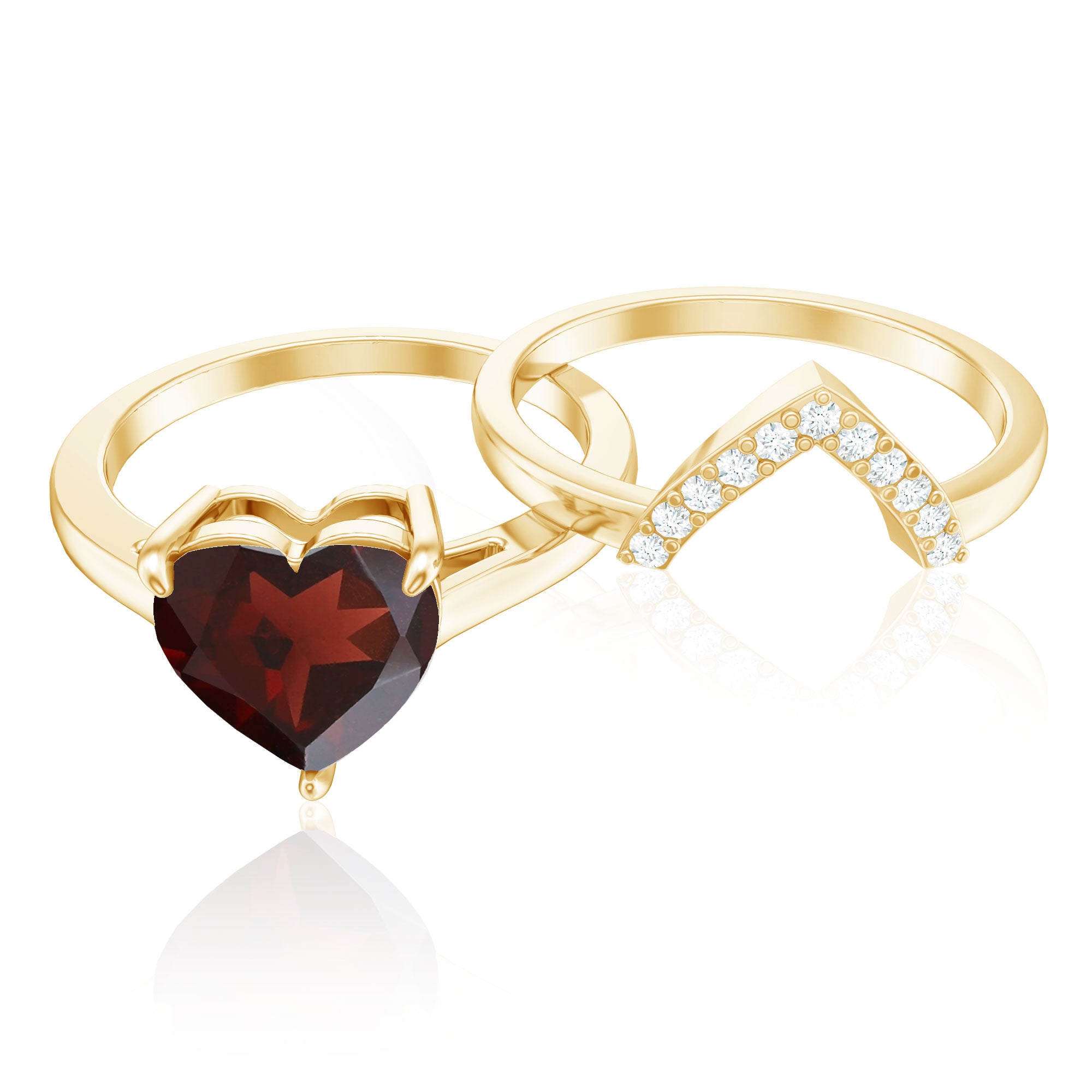 Rosec Jewels-Real 8mm Garnet Diamond Heart Shaped Wedding Engagement Ring Set of 2