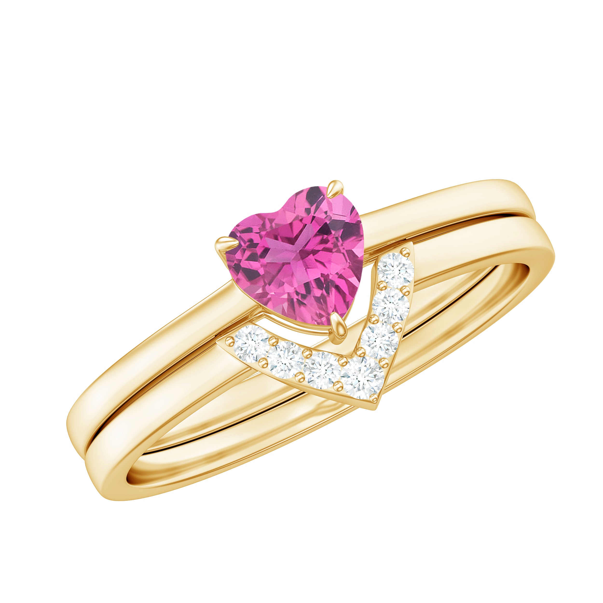 Pink Tourmaline Heart Ring Set with Diamond AAA - Rosec Jewels