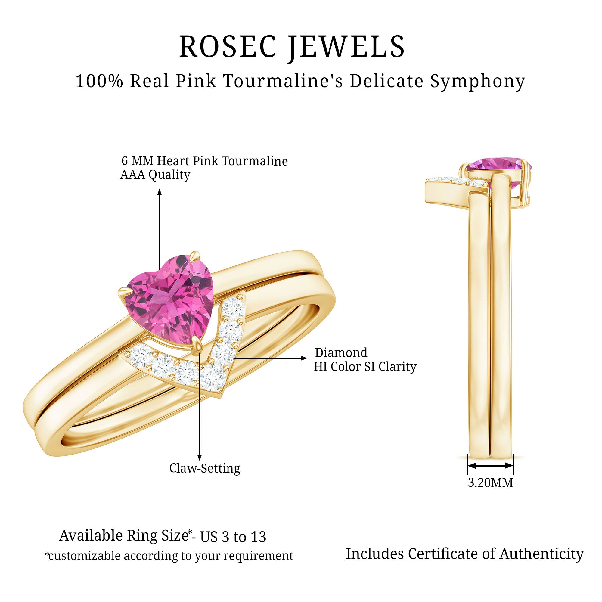 Pink Tourmaline Heart Ring Set with Diamond AAA - Rosec Jewels