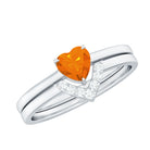 Natural Fire Opal Heart Solitaire Ring Set with Diamond Band AAA - Rosec Jewels