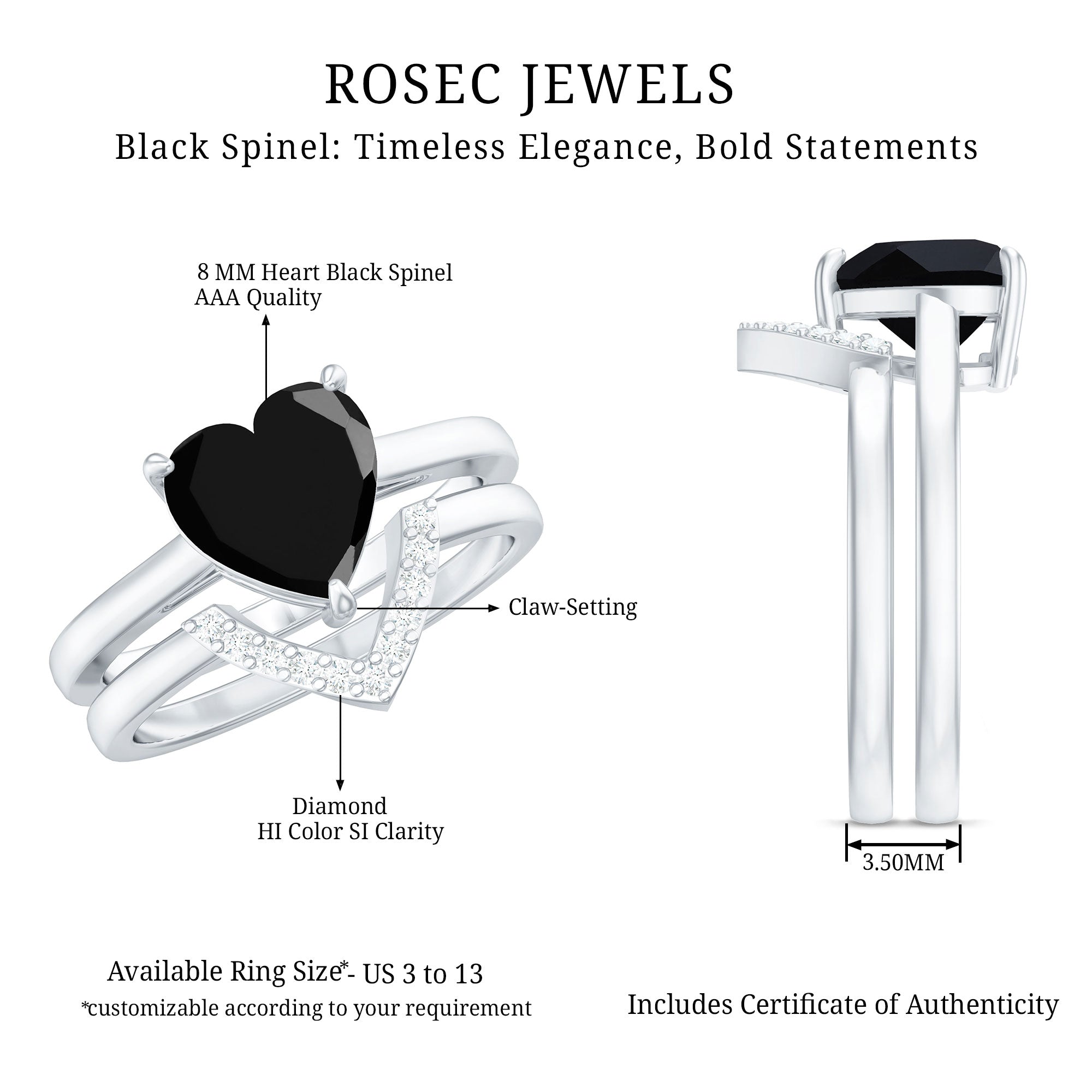 Natural Black Spinel Diamond 2 Carat Heart Engagement and Wedding Ring Set of 2 AAA - Rosec Jewels