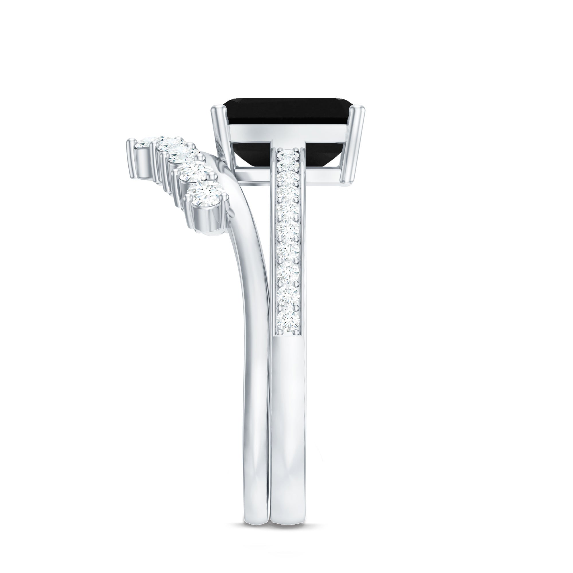 Emerald Cut Created Black Diamond and Diamond Engagement Ring Set AAAA ( Synthetic ) - Rosec Jewels